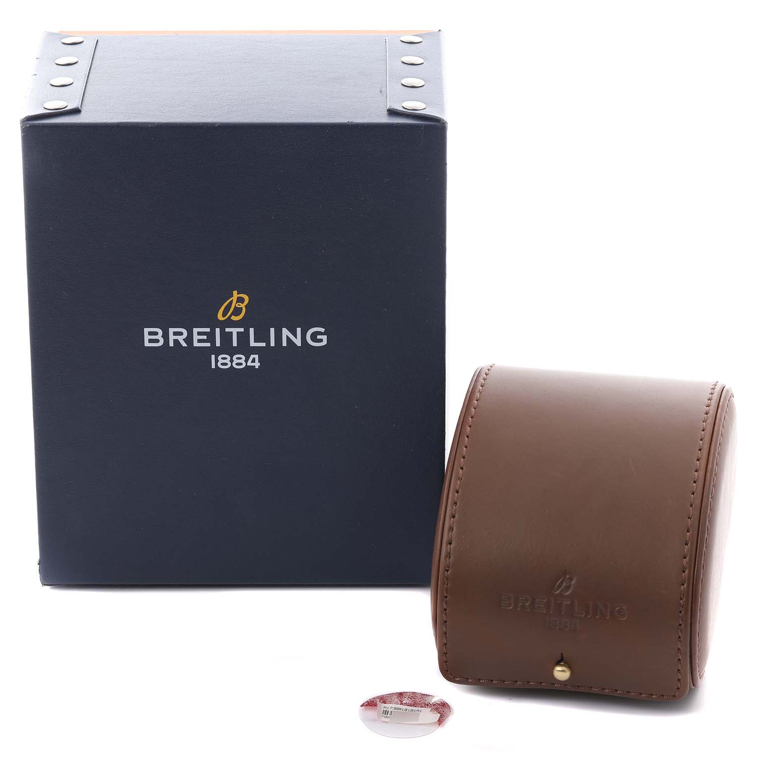 The image shows the packaging for a Breitling Colt A17388101B1A1 Men's Stainless Steel Black Dial A17388101B1A1 Men's Stainless Steel Black Dial watch, including a black box and a brown leather case from the front angle.