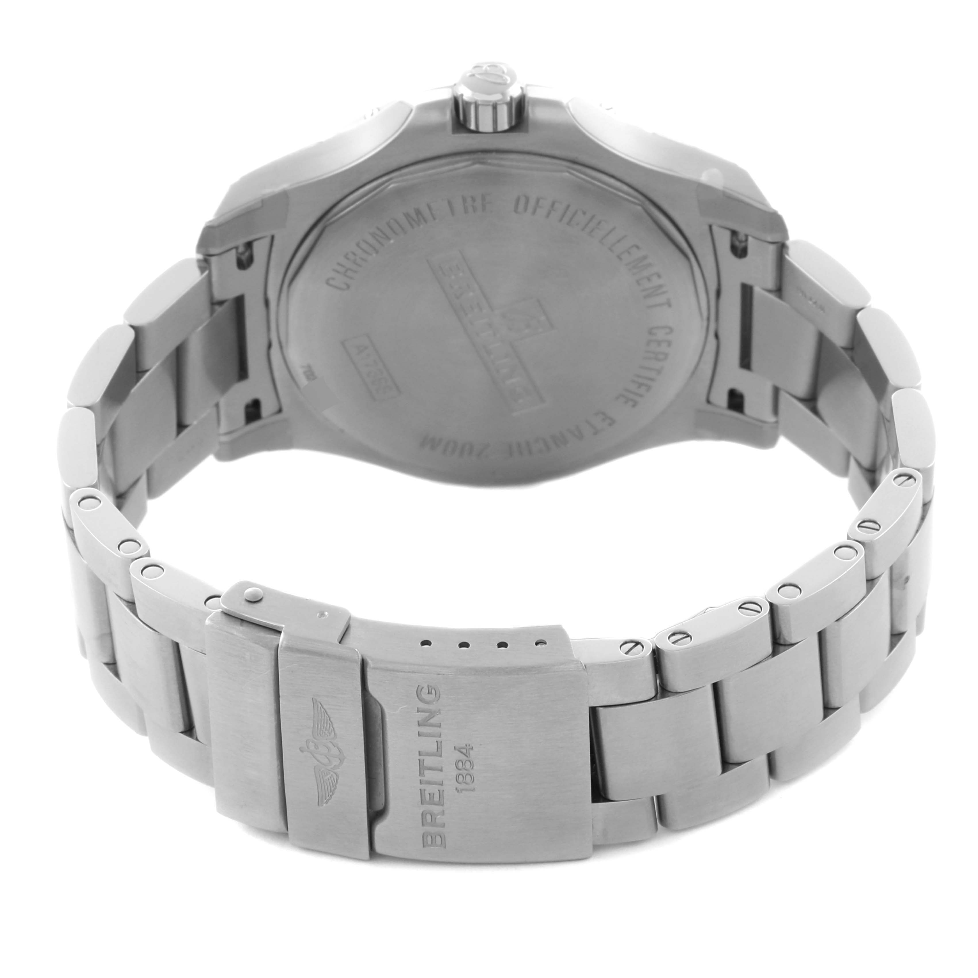 The image shows a rear angle of the Breitling Colt A17388101B1A1 Men's Stainless Steel Black Dial A17388101B1A1 Men's Stainless Steel Black Dial watch, highlighting the bracelet and engraved case back.