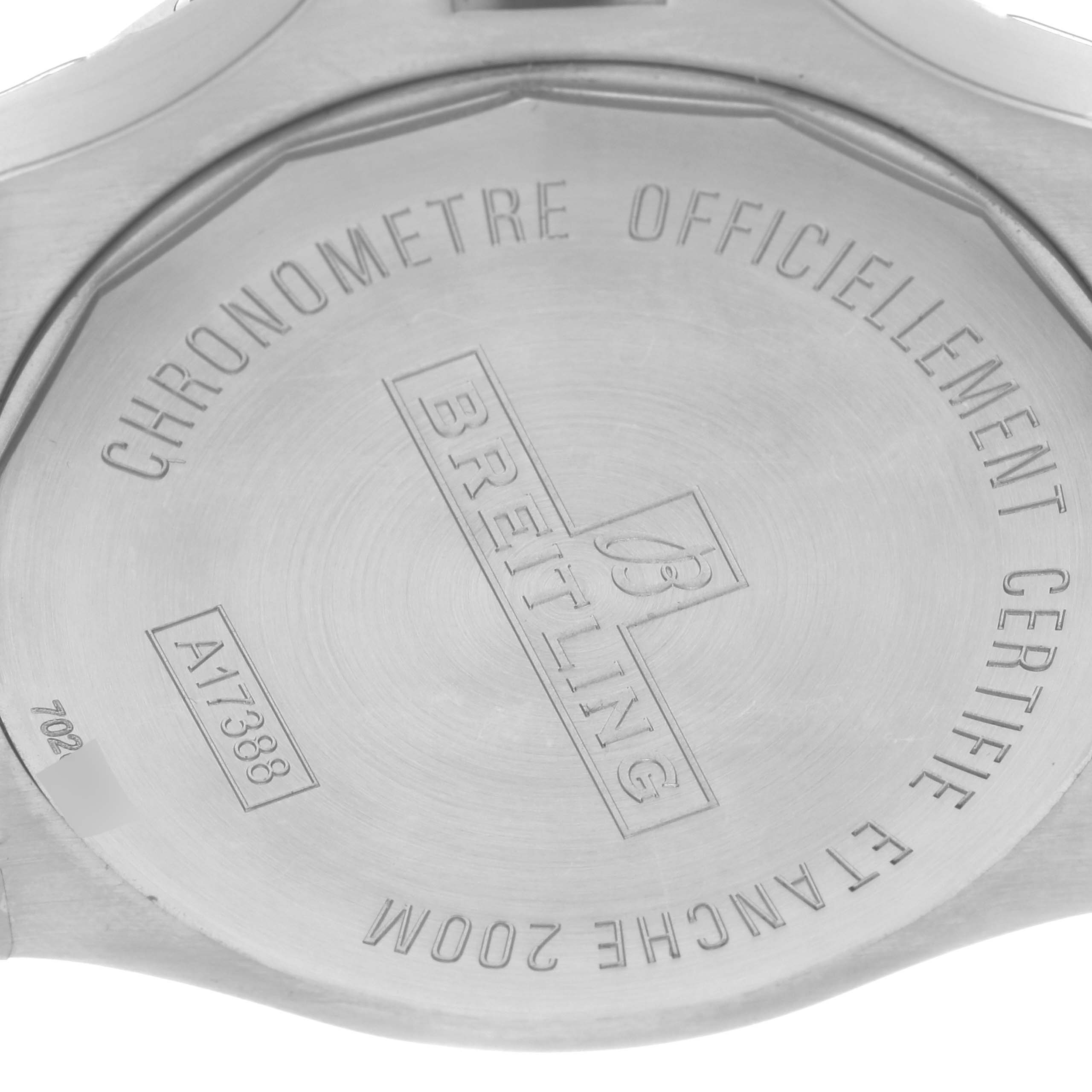 The image shows the back case of a Breitling Colt A17388101B1A1 Men's Stainless Steel Black Dial A17388101B1A1 Men's Stainless Steel Black Dial watch, highlighting engravings and model details.