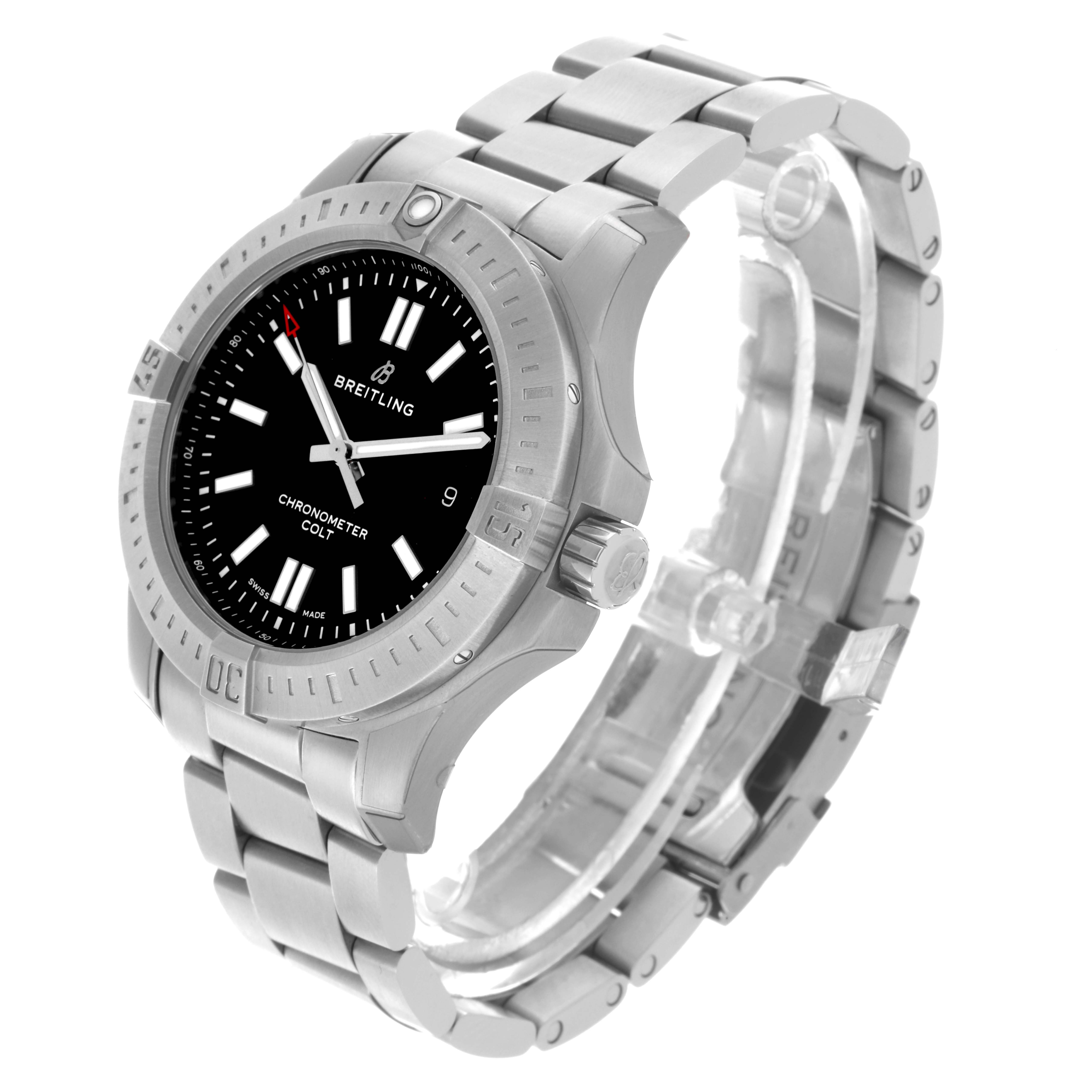 The Breitling Colt A17388101B1A1 Men's Stainless Steel Black Dial A17388101B1A1 Men's Stainless Steel Black Dial watch is shown from an angled side view, highlighting the bezel, face, crown, and bracelet.