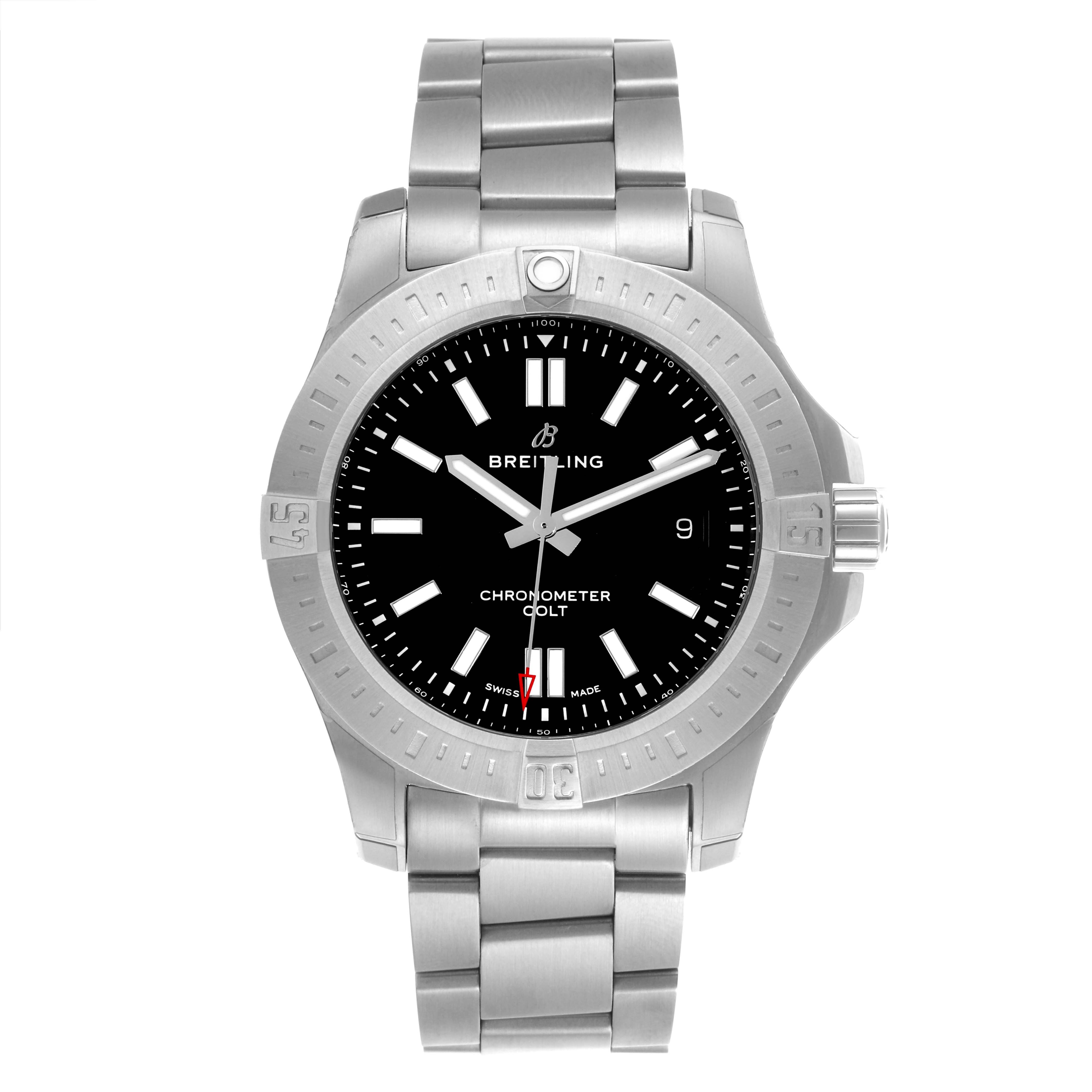 The Breitling Colt A17388101B1A1 Men's Stainless Steel Black Dial A17388101B1A1 Men's Stainless Steel Black Dial watch is shown from a front angle, displaying the dial, bezel, bracelet, and crown.