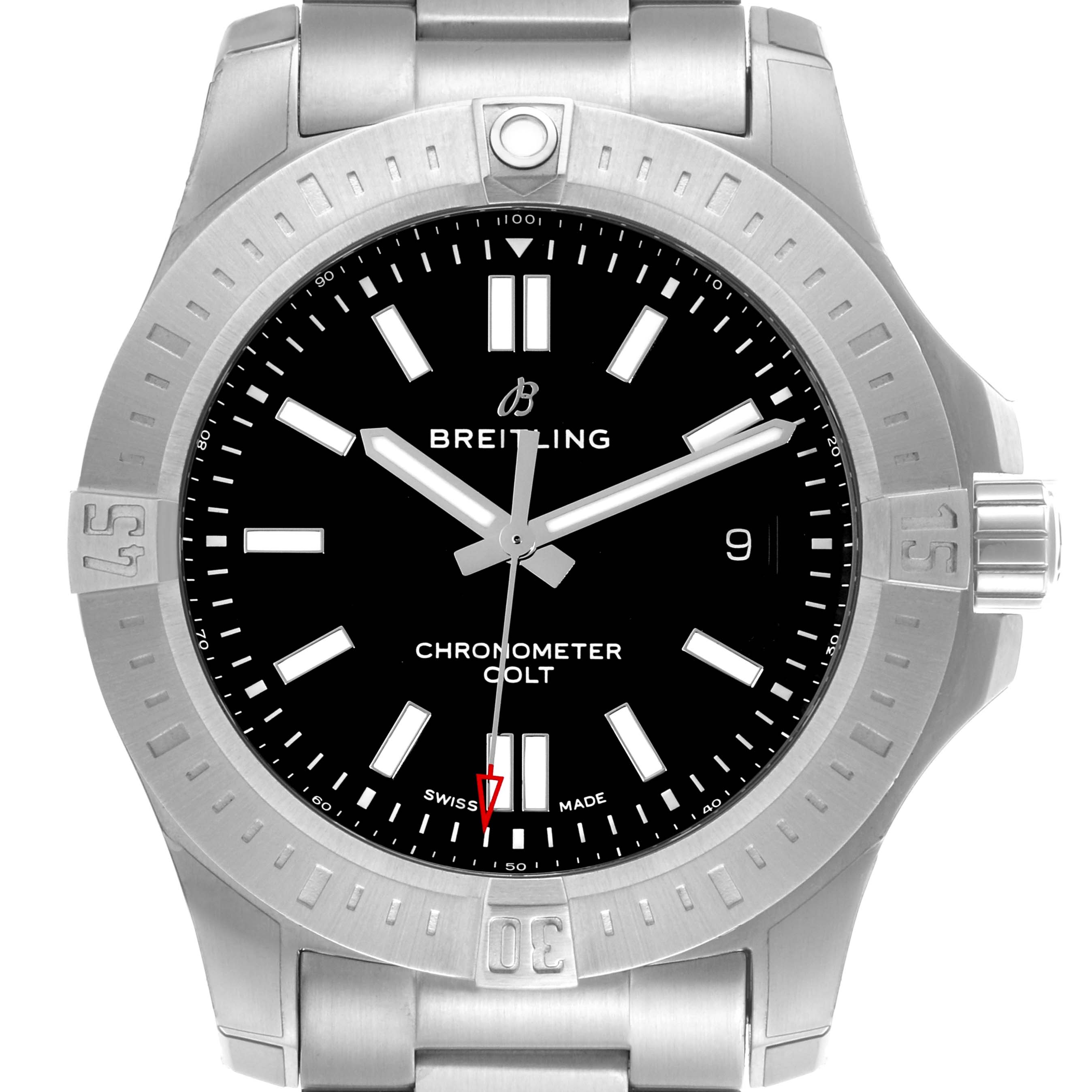 The Breitling Colt A17388101B1A1 Men's Stainless Steel Black Dial A17388101B1A1 Men's Stainless Steel Black Dial watch is shown from the front, displaying its bezel, dial, and bracelet lug.