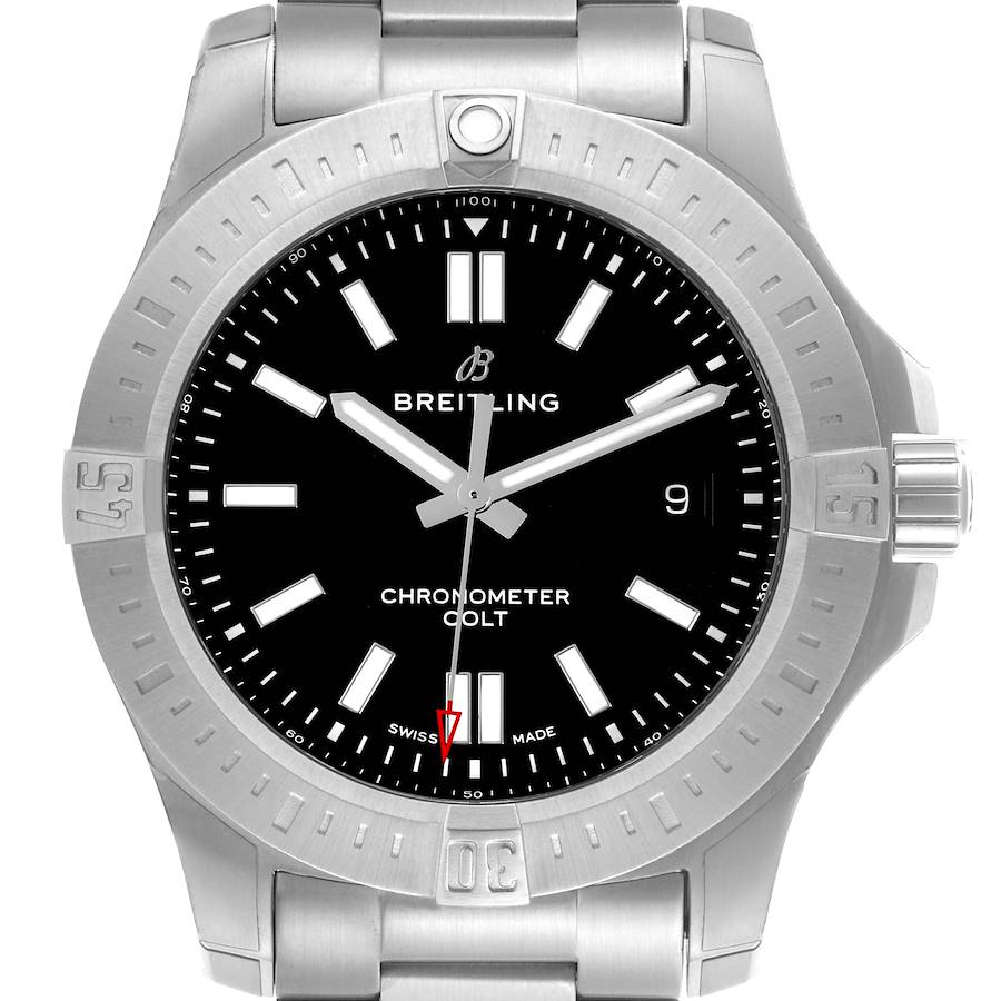 The Breitling Colt watch is shown from the front, displaying its bezel, dial, and bracelet lug.