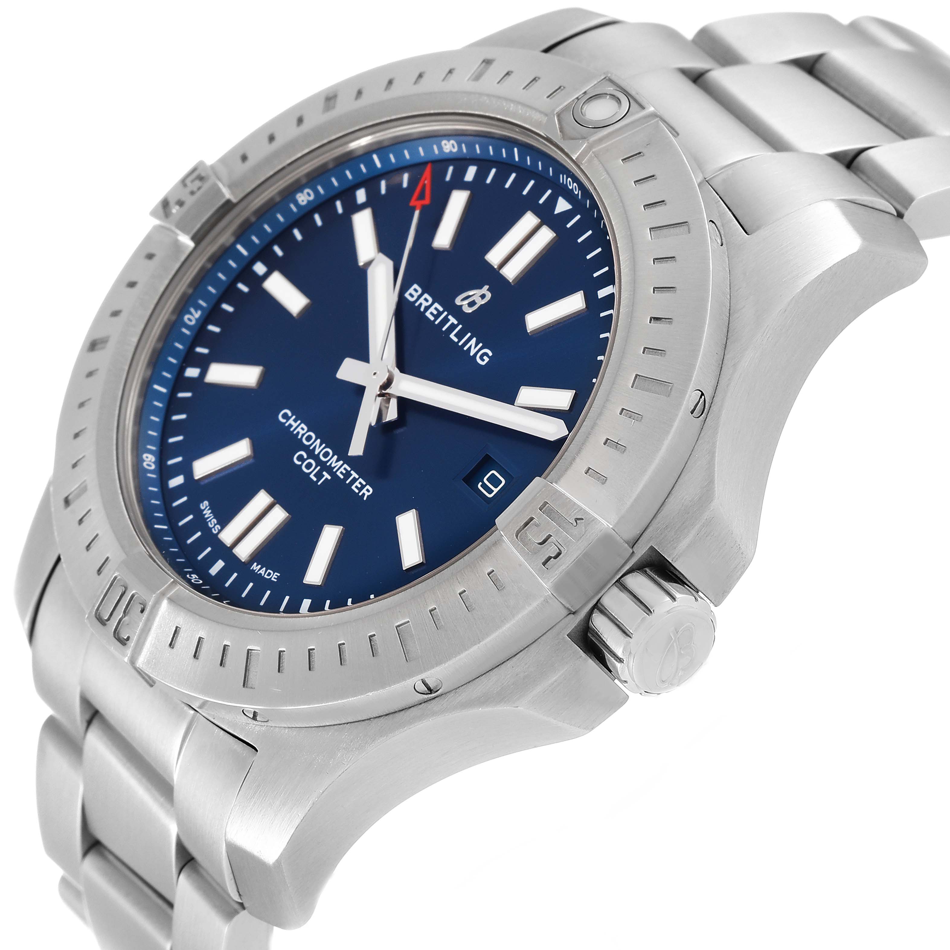 The image shows a Breitling Colt A17388 Men's Stainless Steel Blue Dial A17388 Men's Stainless Steel Blue Dial watch at a slight angle, highlighting the blue dial, bezel, crown, and part of the stainless steel bracelet.