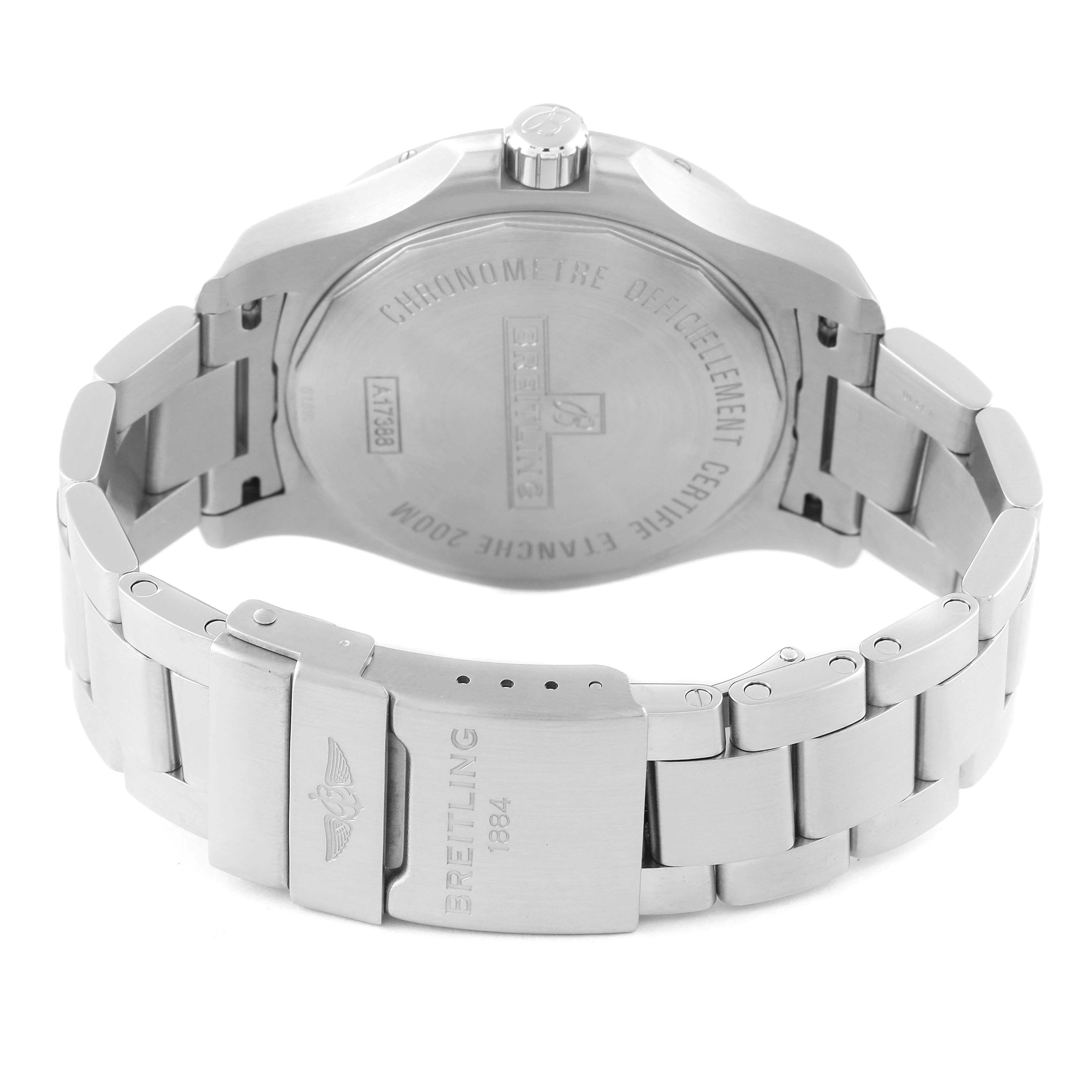 The image shows the back case and bracelet clasp of a Breitling Colt A17388 Men's Stainless Steel Blue Dial A17388 Men's Stainless Steel Blue Dial watch.