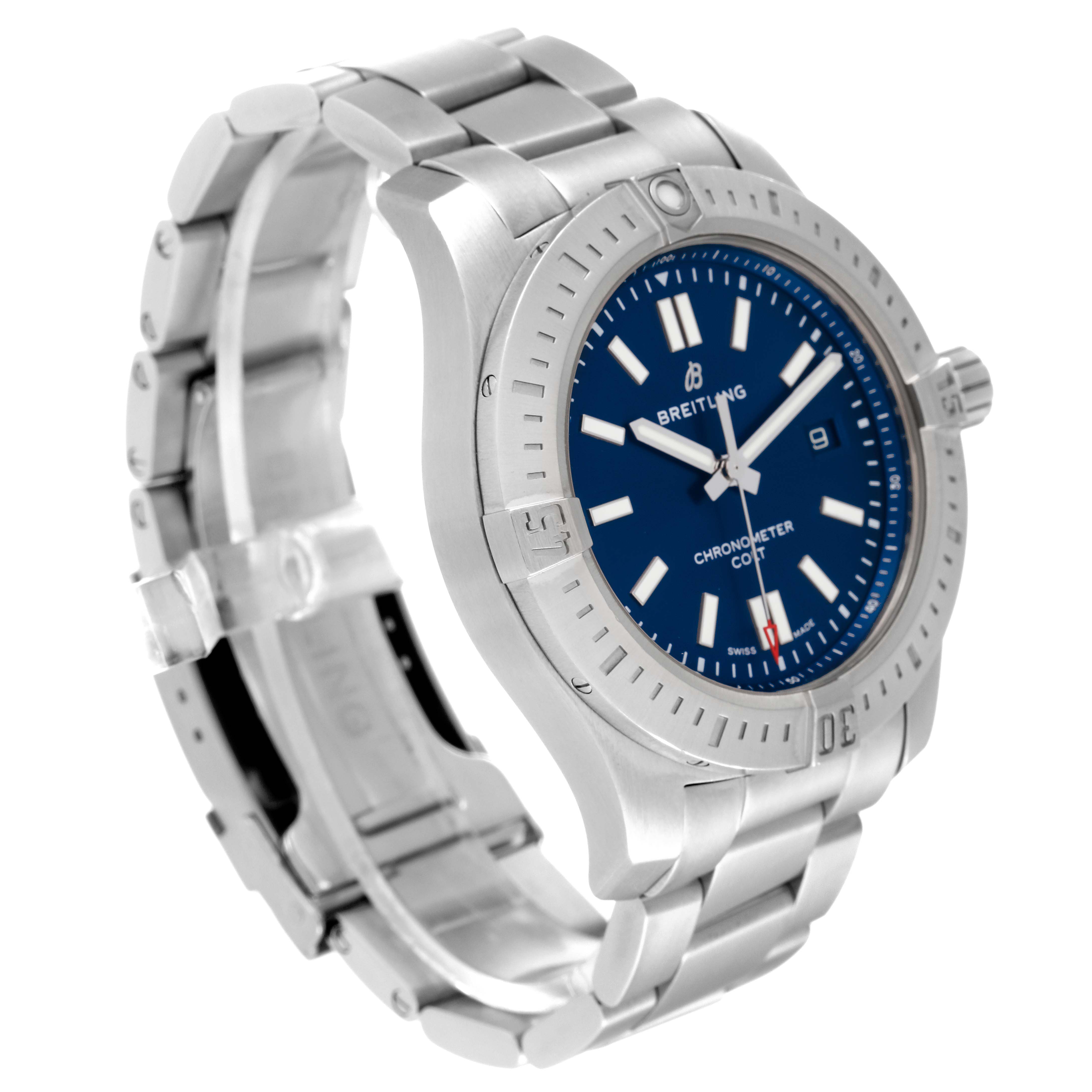 The Breitling Colt A17388 Men's Stainless Steel Blue Dial A17388 Men's Stainless Steel Blue Dial watch is shown from an angled view highlighting the blue dial, bezel, and stainless steel bracelet.