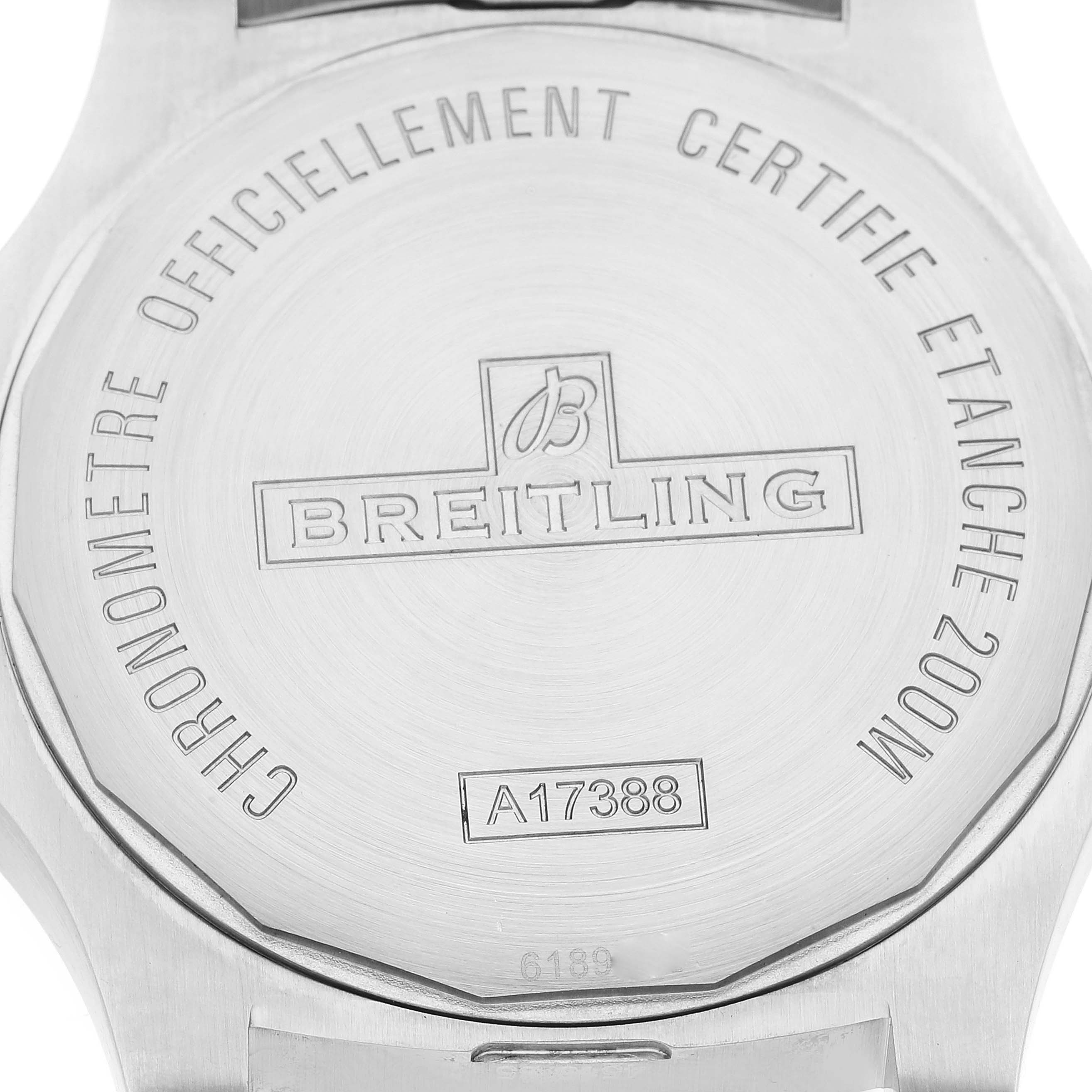 The image shows the back case of a Breitling Colt A17388 Men's Stainless Steel Blue Dial A17388 Men's Stainless Steel Blue Dial watch, highlighting its branding and certification details.