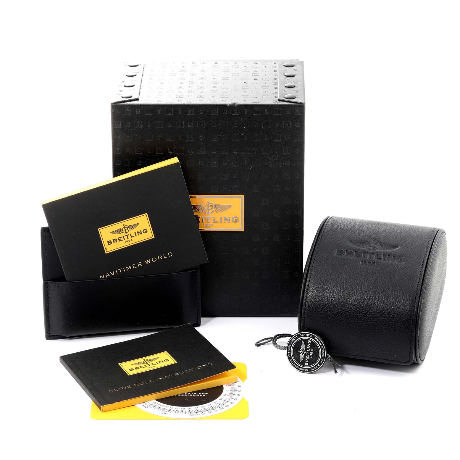 The image shows the packaging, case, manuals, and accessories of a Breitling Colt A17388 Men's Stainless Steel Blue Dial A17388 Men's Stainless Steel Blue Dial model watch.