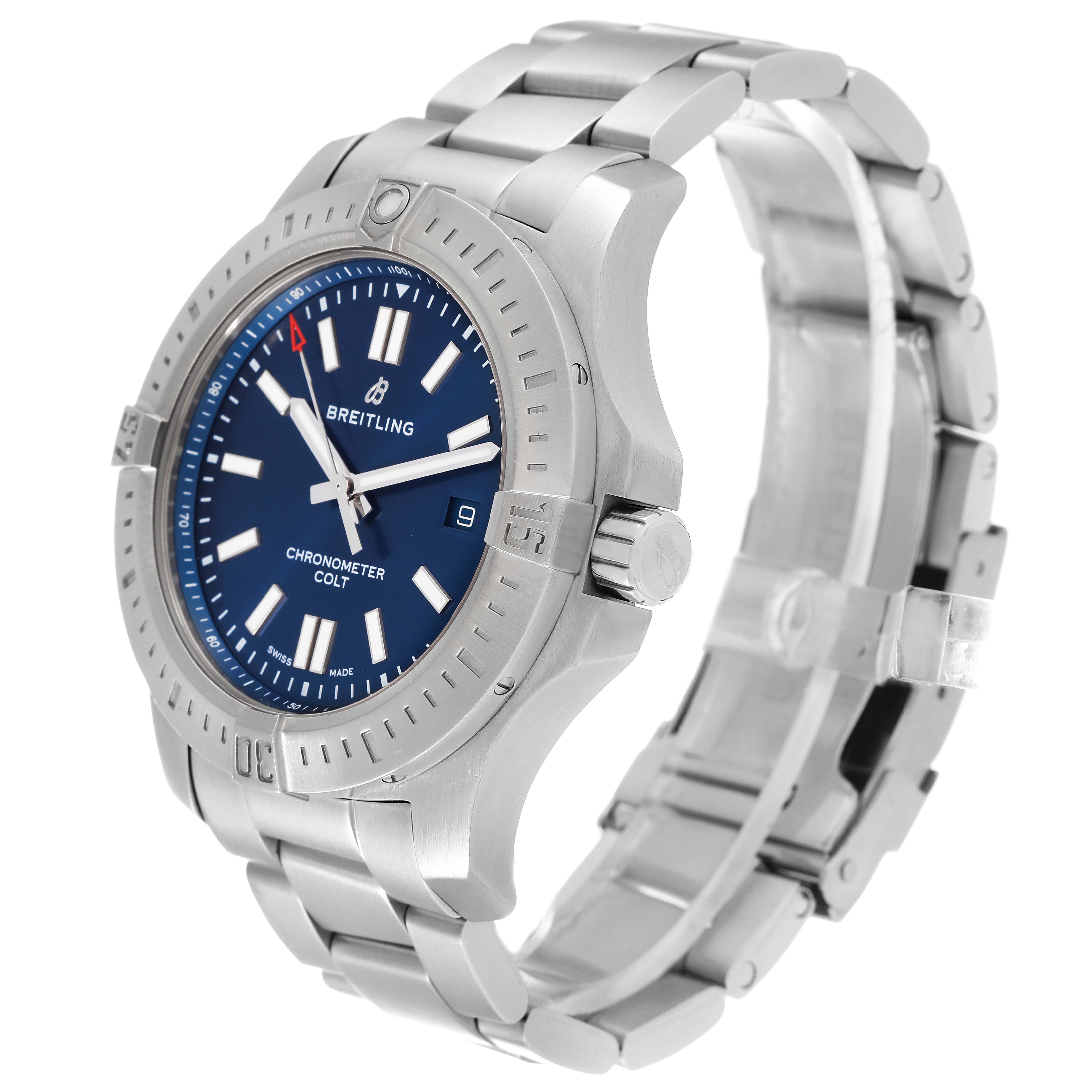 The Breitling Colt A17388 Men's Stainless Steel Blue Dial A17388 Men's Stainless Steel Blue Dial watch is shown at a slight angle, displaying the face, bezel, crown, and part of the bracelet.