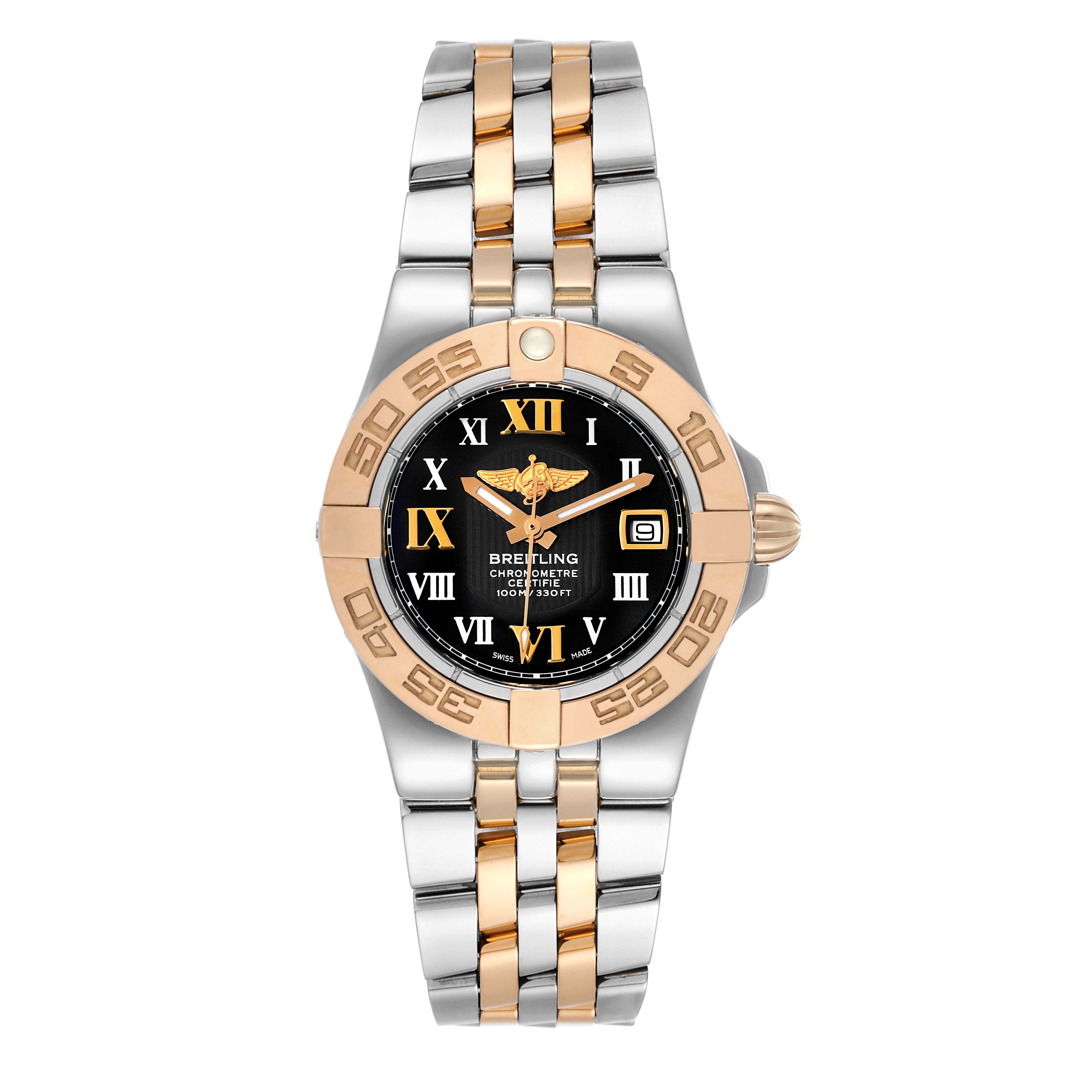The image shows a front view of the Breitling C71340 Women's Steel and Gold (two tone) Black Dial C71340 Women's Steel and Gold (two tone) Black Dial Galactic 30 Steel Rose Gold Diamond Women's Watch C71340, highlighting the dial, bezel, and bracelet.