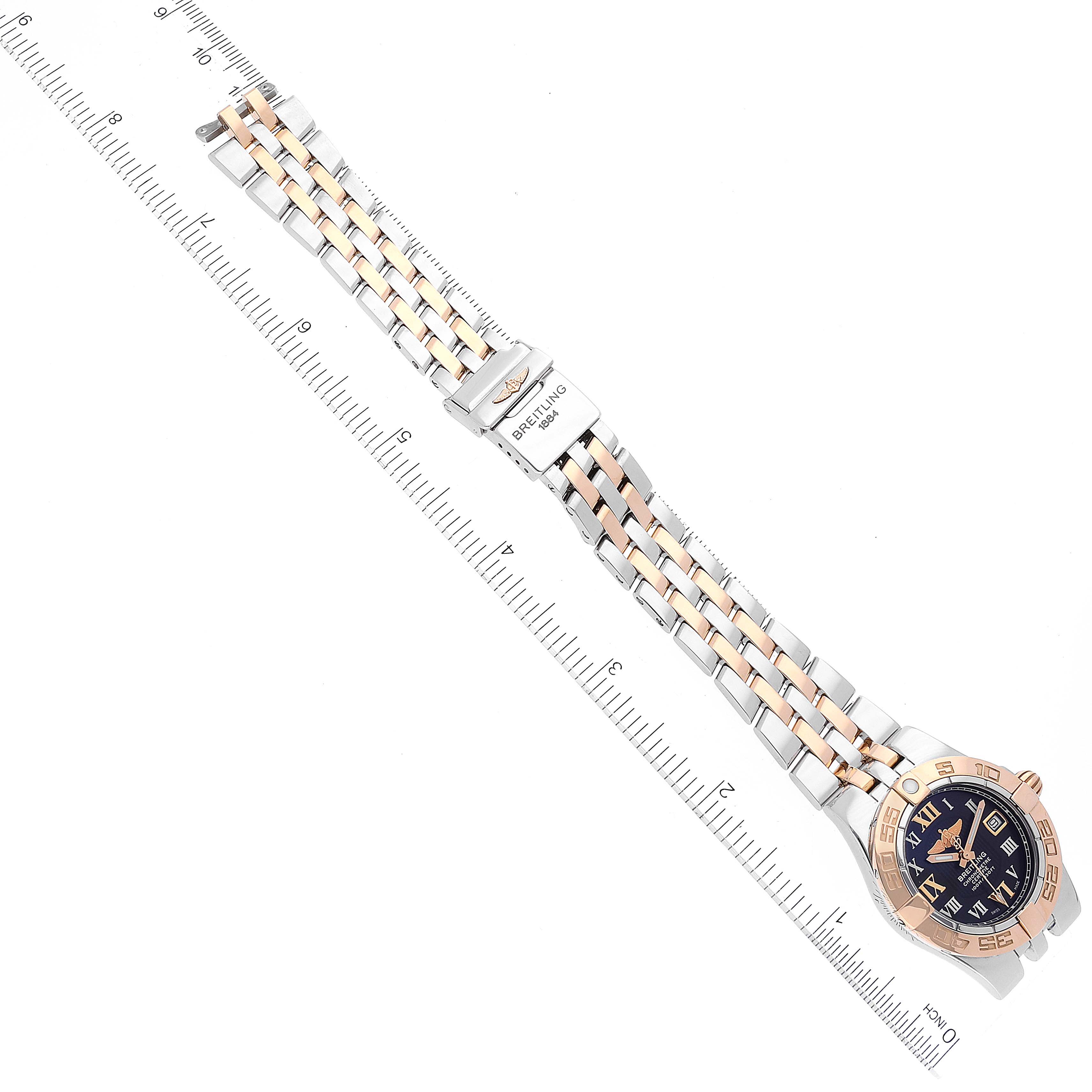 This image shows a top-down view of the Breitling C71340 Women's Steel and Gold (two tone) Black Dial C71340 Women's Steel and Gold (two tone) Black Dial Galactic 30 Steel Rose Gold Diamond Women's Watch C71340, including the watch face and bracelet.
