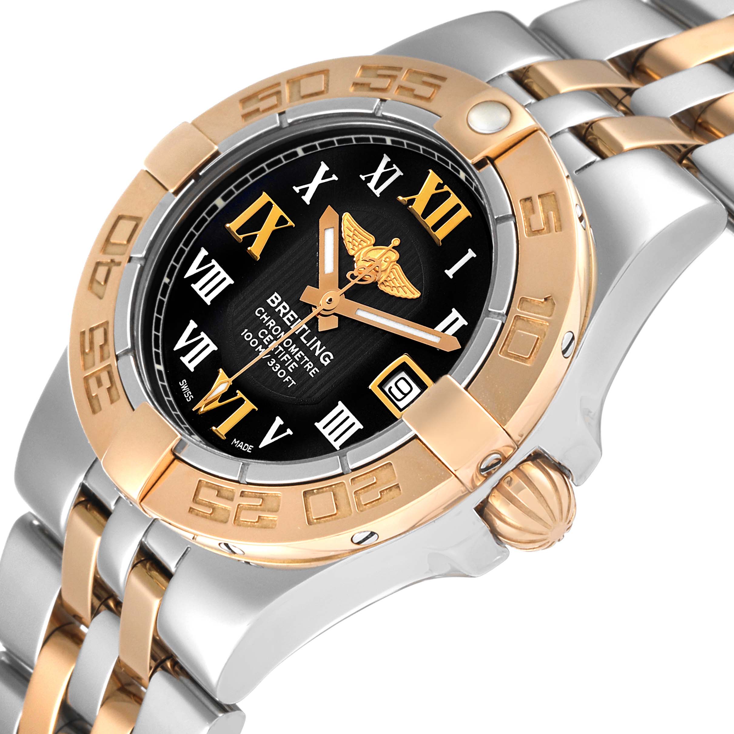 The image shows a close-up, angled view of the Breitling C71340 Women's Steel and Gold (two tone) Black Dial C71340 Women's Steel and Gold (two tone) Black Dial Galactic 30 Steel Rose Gold Diamond Women's Watch C71340, highlighting the dial, bezel, and part of the bracelet.