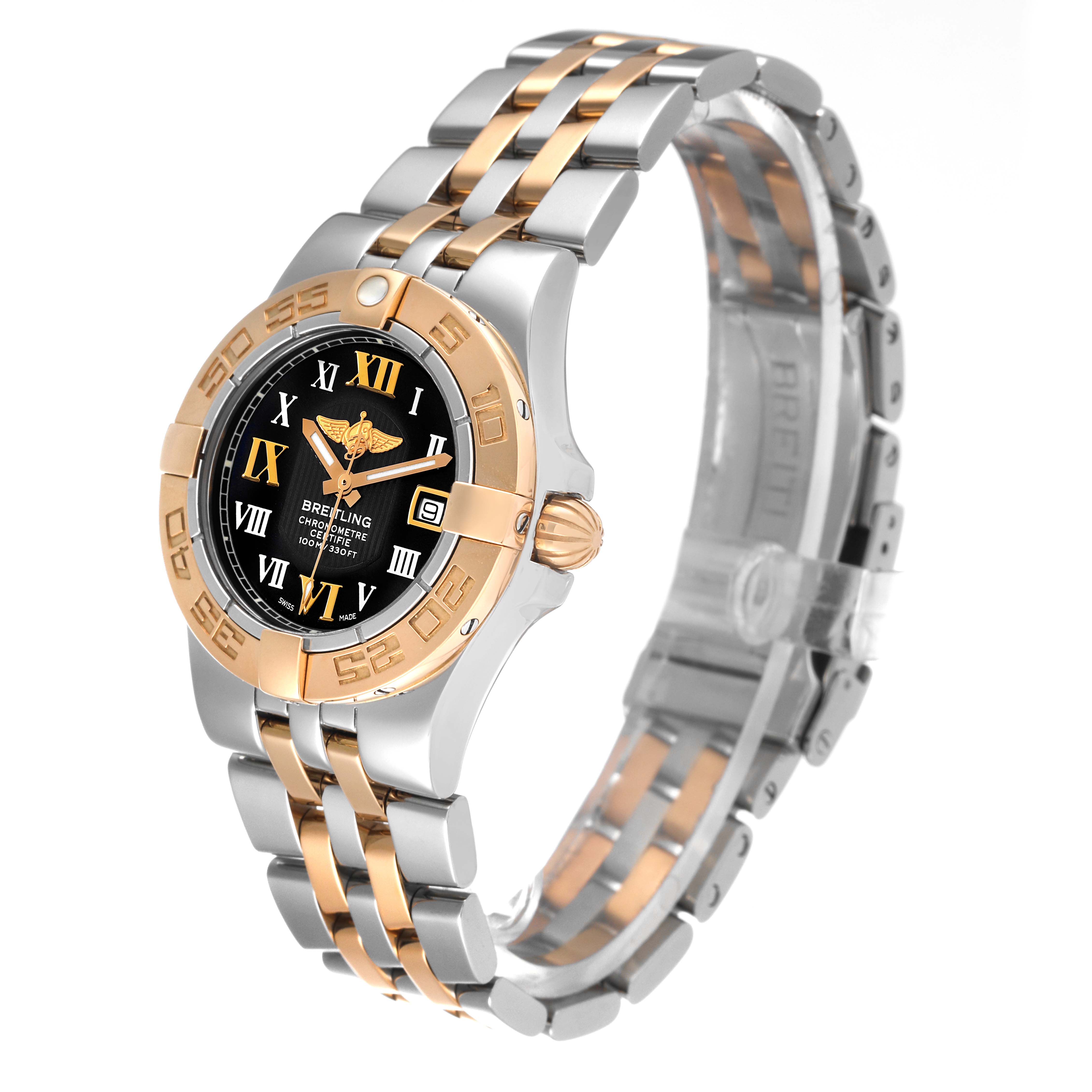 The Breitling C71340 Women's Steel and Gold (two tone) Black Dial C71340 Women's Steel and Gold (two tone) Black Dial Galactic 30 Steel Rose Gold Diamond Women's Watch C71340 is shown at a slight angle, displaying the dial, bezel, and part of the bracelet.