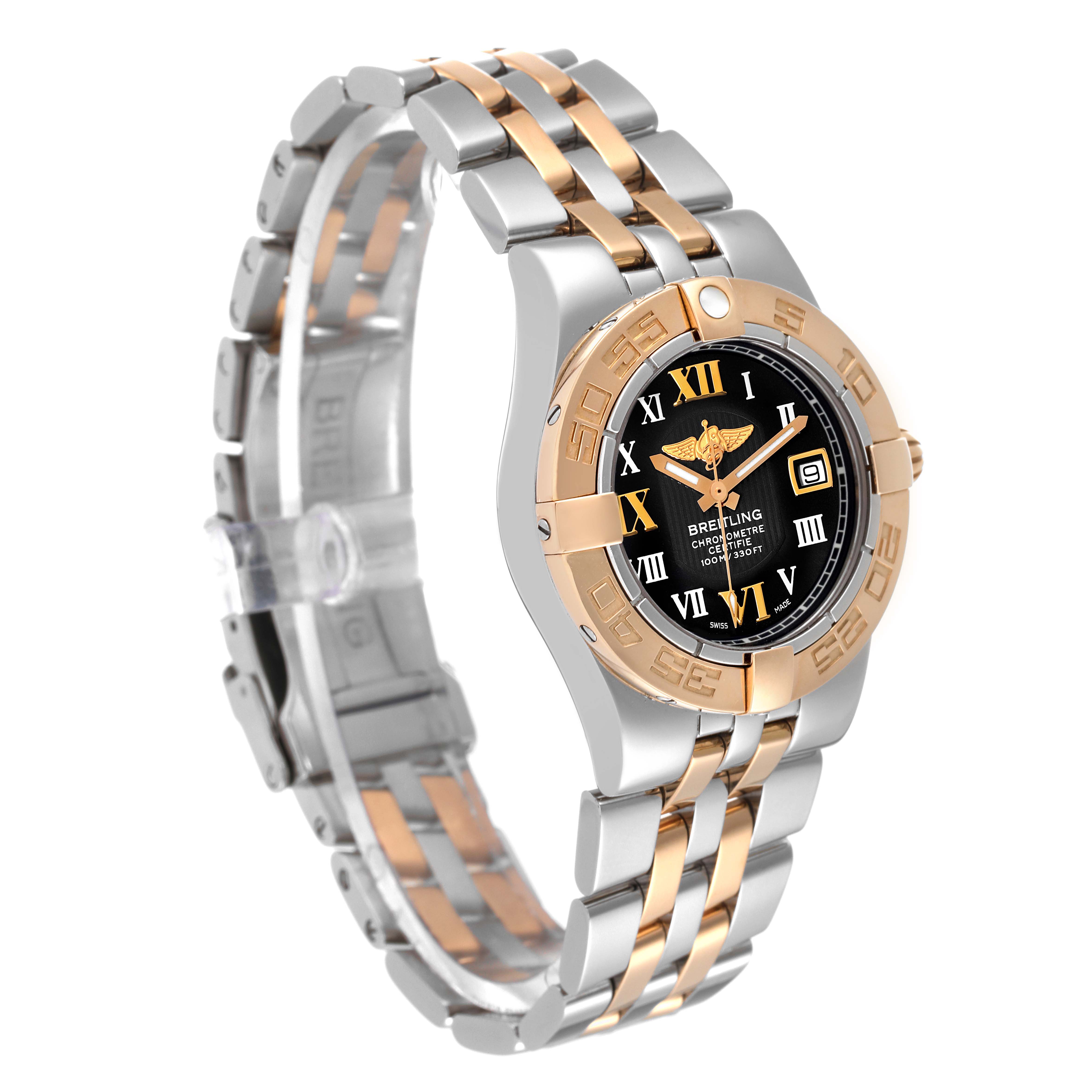 This image shows a Breitling C71340 Women's Steel and Gold (two tone) Black Dial C71340 Women's Steel and Gold (two tone) Black Dial Galactic 30 Steel Rose Gold Diamond Women's Watch C71340 at an angled view highlighting its face and bracelet.