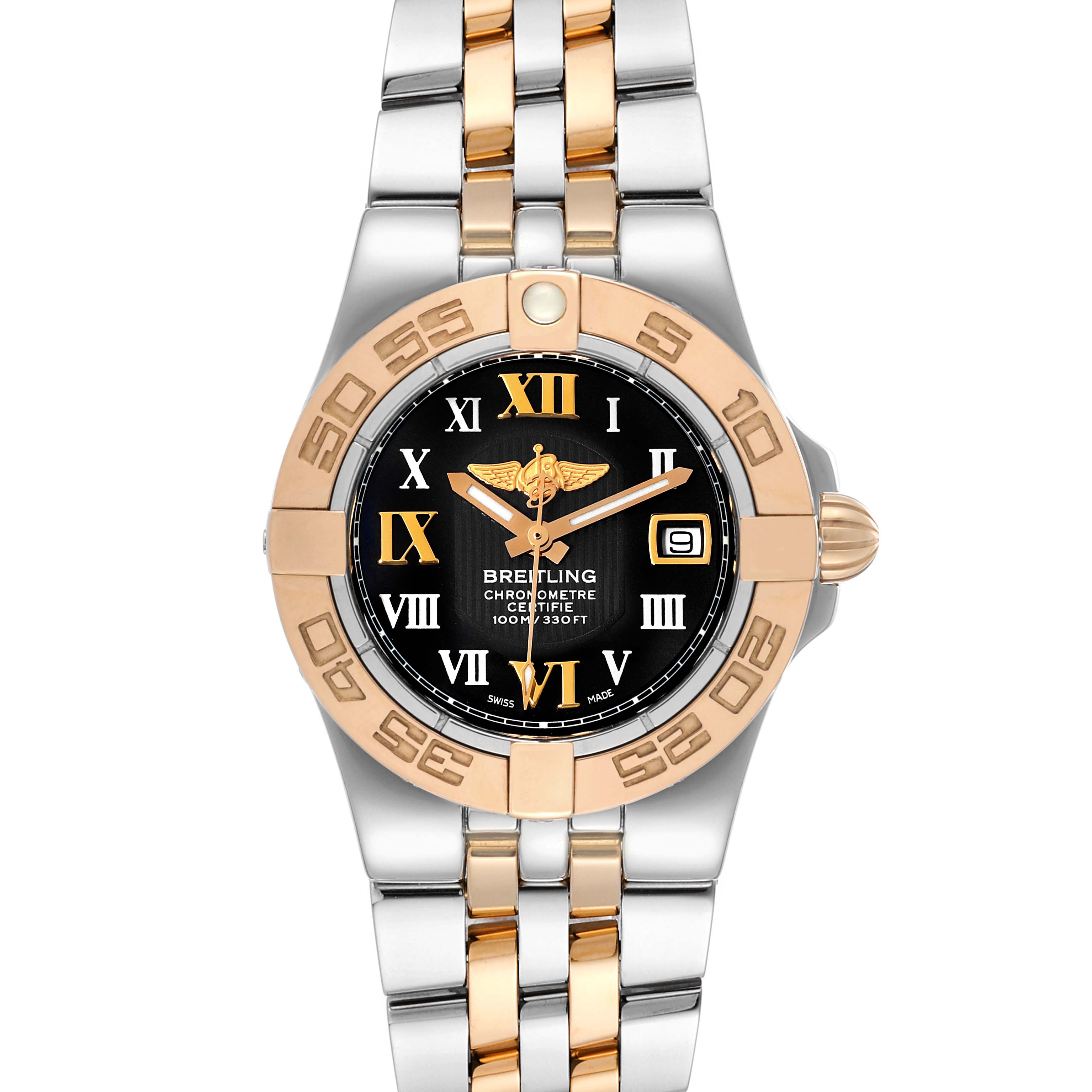 The image shows a Breitling C71340 Women's Steel and Gold (two tone) Black Dial C71340 Women's Steel and Gold (two tone) Black Dial Galactic 30 Steel Rose Gold Diamond Women's Watch C71340 from a top-down angle, displaying the face, bezel, and bracelet.