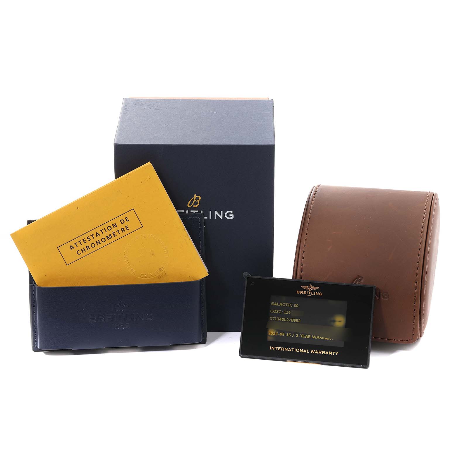 The image shows the box, papers, warranty card, and leather case for the Breitling C71340 Women's Steel and Gold (two tone) Black Dial C71340 Women's Steel and Gold (two tone) Black Dial Galactic 30 Steel Rose Gold Diamond Women's Watch C71340.