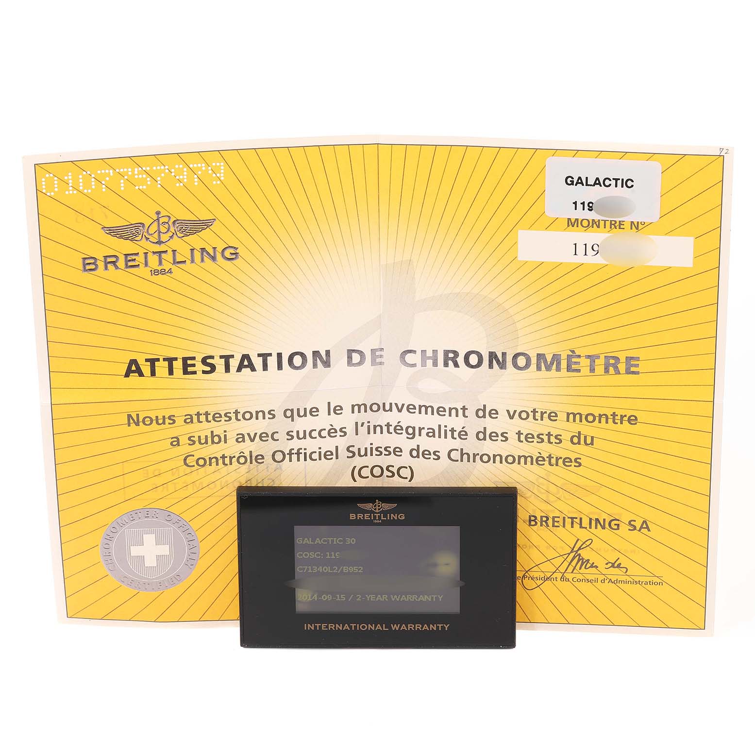 The image shows verification paperwork for the Breitling C71340 Women's Steel and Gold (two tone) Black Dial C71340 Women's Steel and Gold (two tone) Black Dial Galactic 30 Steel Rose Gold Diamond Women's Watch C71340 model.