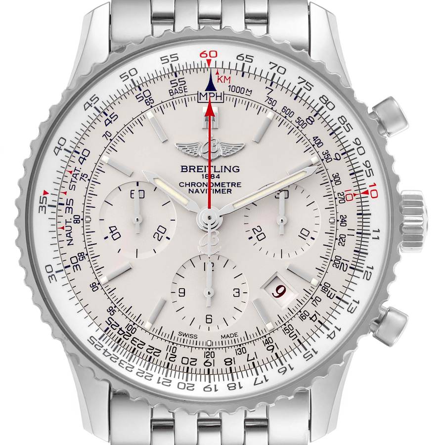 The image shows a front view of the Breitling Navitimer watch, displaying its dial, bezel, and metal bracelet.