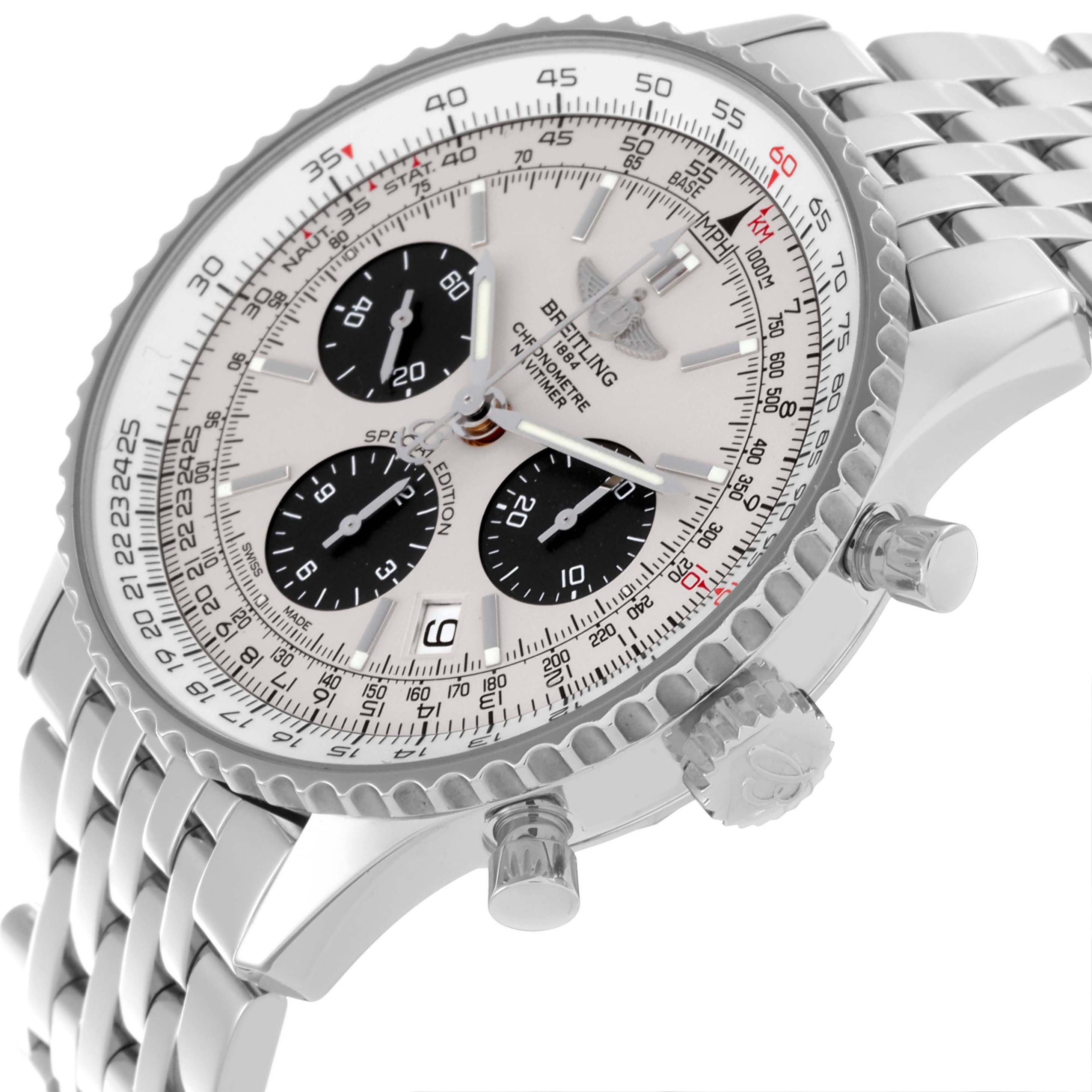 The Breitling Navitimer AB012012/G826 Men's Stainless Steel Silver Dial AB012012/G826 Men's Stainless Steel Silver Dial watch is shown at a slight side angle, displaying the face, bezel, subdials, case, and bracelet.
