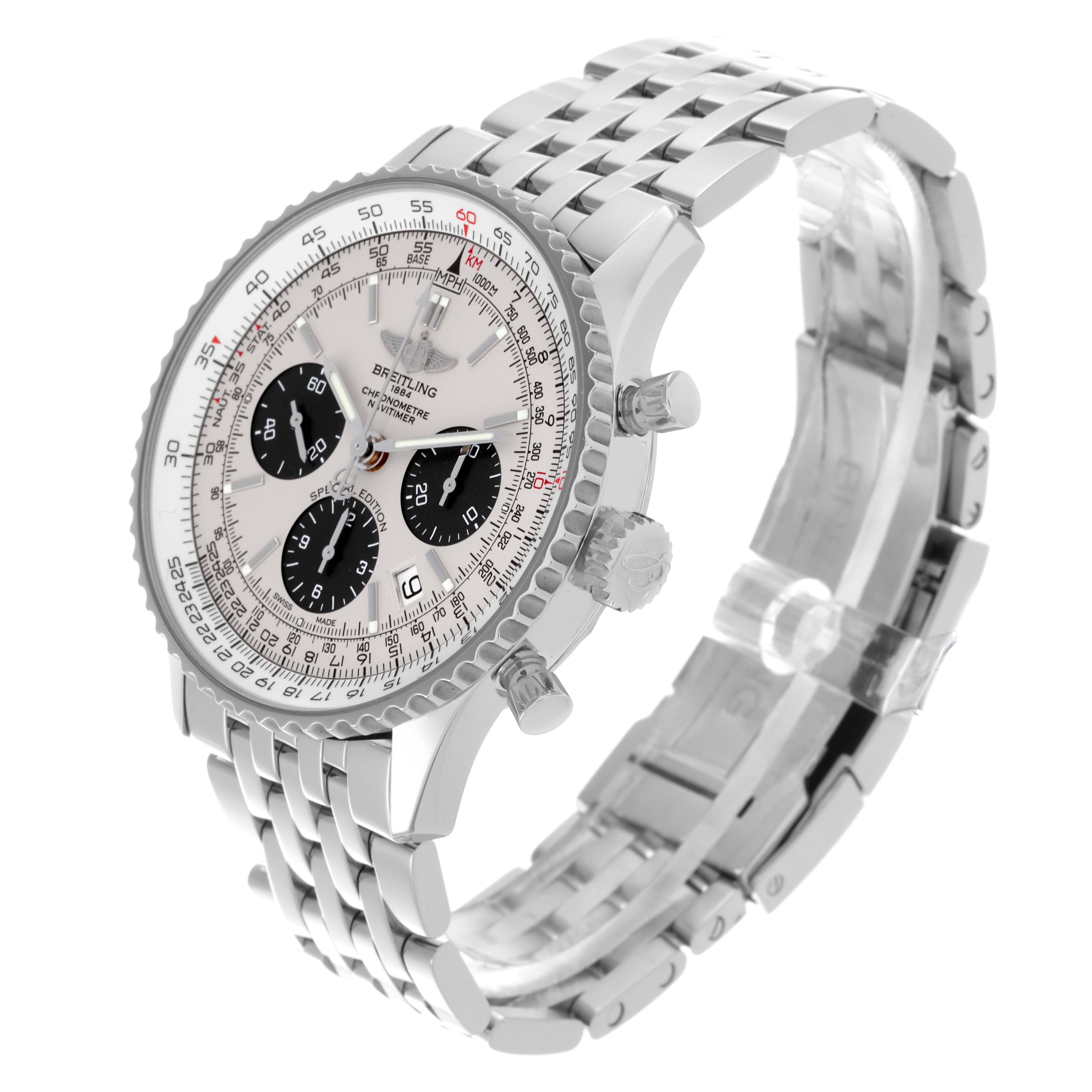 The Breitling Navitimer AB012012/G826 Men's Stainless Steel Silver Dial AB012012/G826 Men's Stainless Steel Silver Dial is shown at a three-quarter angle, highlighting the dial, bezel, crown, pushers, and metal bracelet.