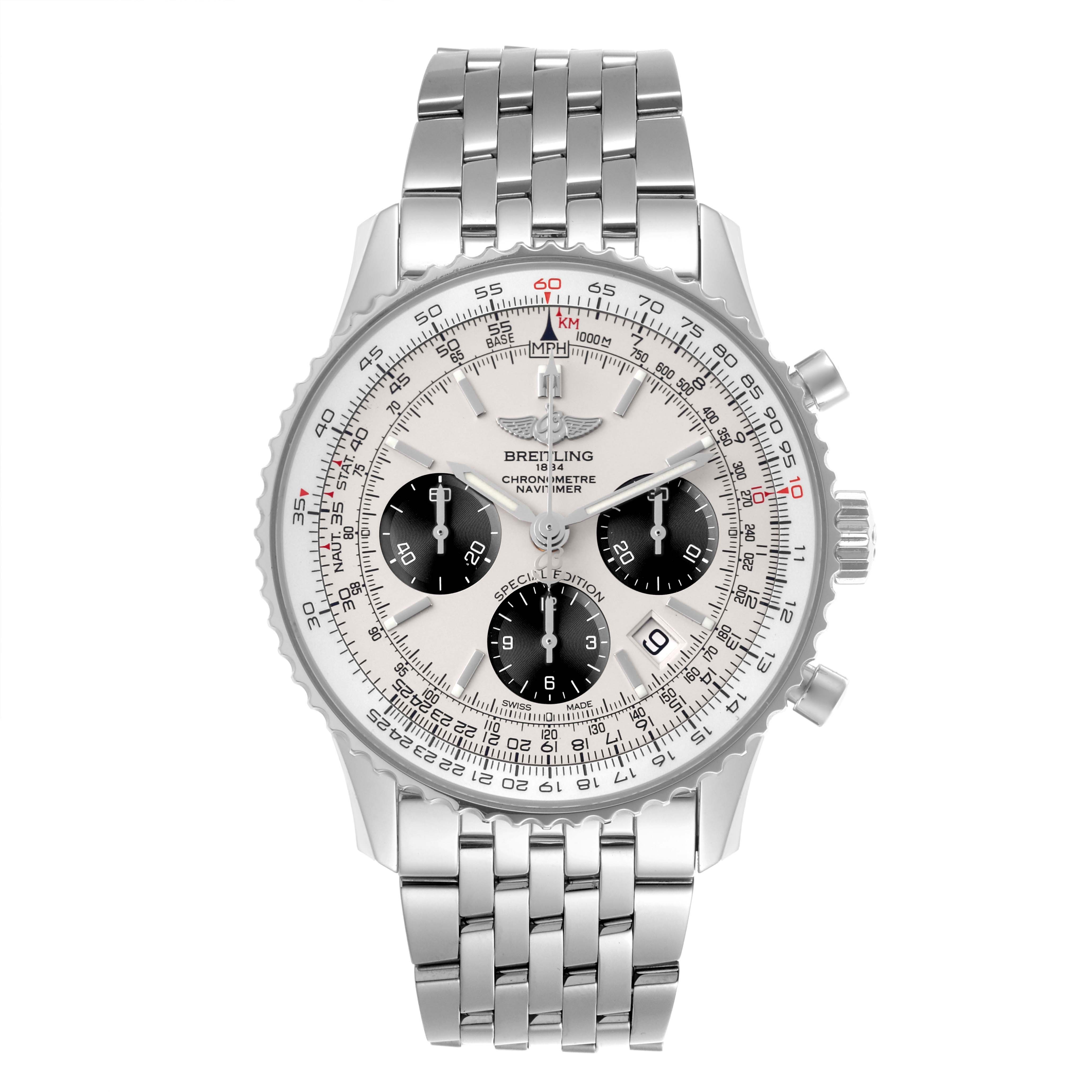 The Breitling Navitimer AB012012/G826 Men's Stainless Steel Silver Dial AB012012/G826 Men's Stainless Steel Silver Dial watch is shown from the front, displaying the face, bezel, and bracelet clearly.