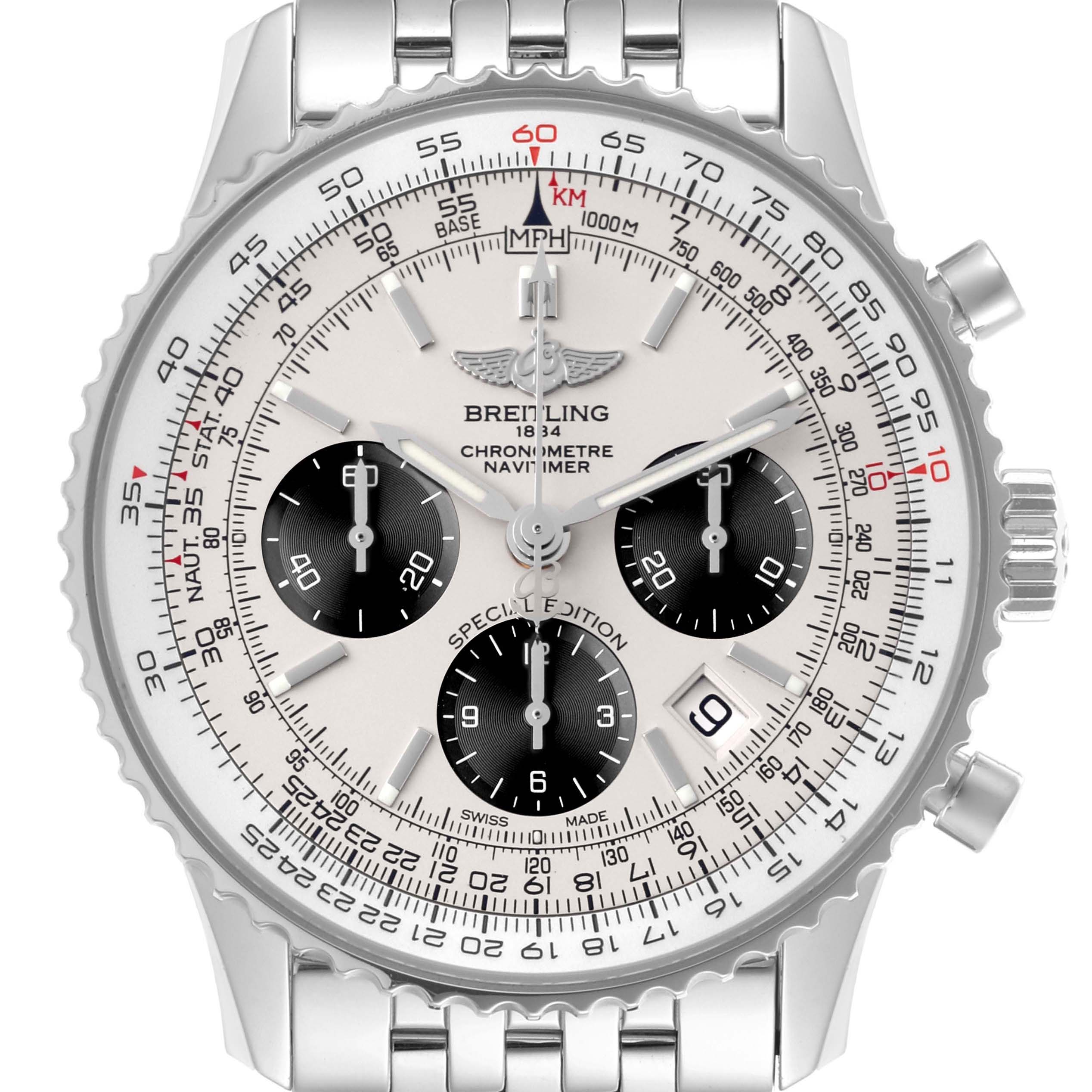 The Breitling Navitimer AB012012/G826 Men's Stainless Steel Silver Dial AB012012/G826 Men's Stainless Steel Silver Dial watch is shown from a front angle, highlighting its dial, subdials, bezel, and bracelet.