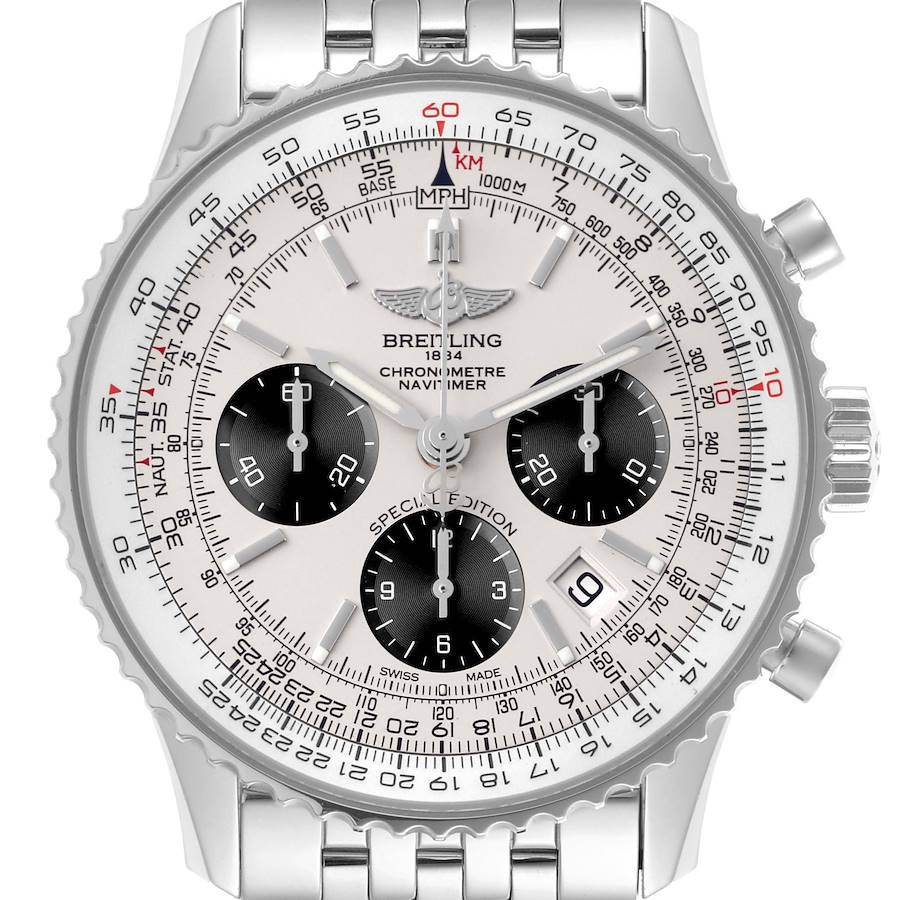 The Breitling Navitimer watch is shown from a front angle, highlighting its dial, subdials, bezel, and bracelet.