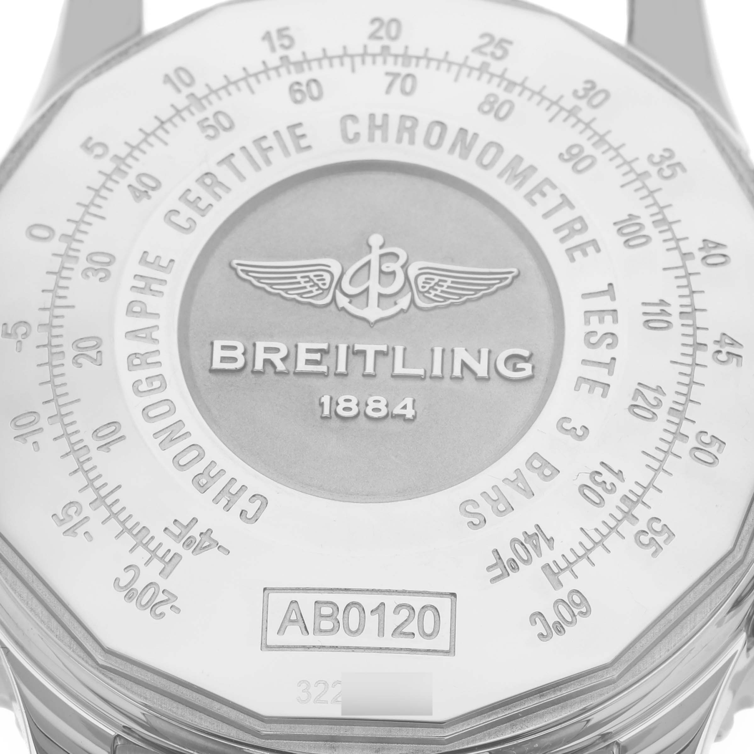The image shows the back of a Breitling Navitimer AB012012/G826 Men's Stainless Steel Silver Dial AB012012/G826 Men's Stainless Steel Silver Dial watch, highlighting its engraved logo and specifications.