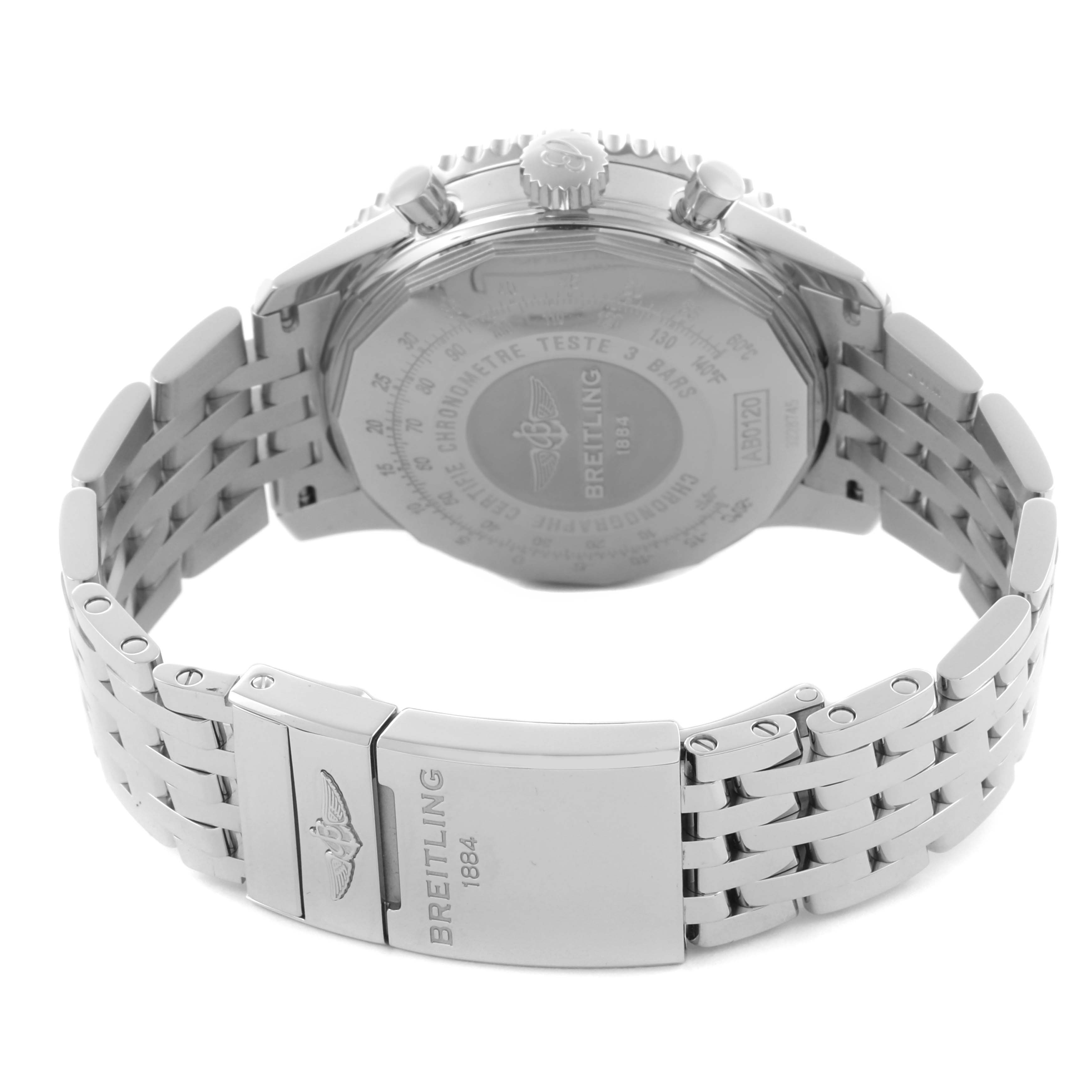 The Breitling Navitimer AB012012/G826 Men's Stainless Steel Silver Dial AB012012/G826 Men's Stainless Steel Silver Dial watch is shown from the back, highlighting the case back, crown, pushers, and metal bracelet with the clasp.