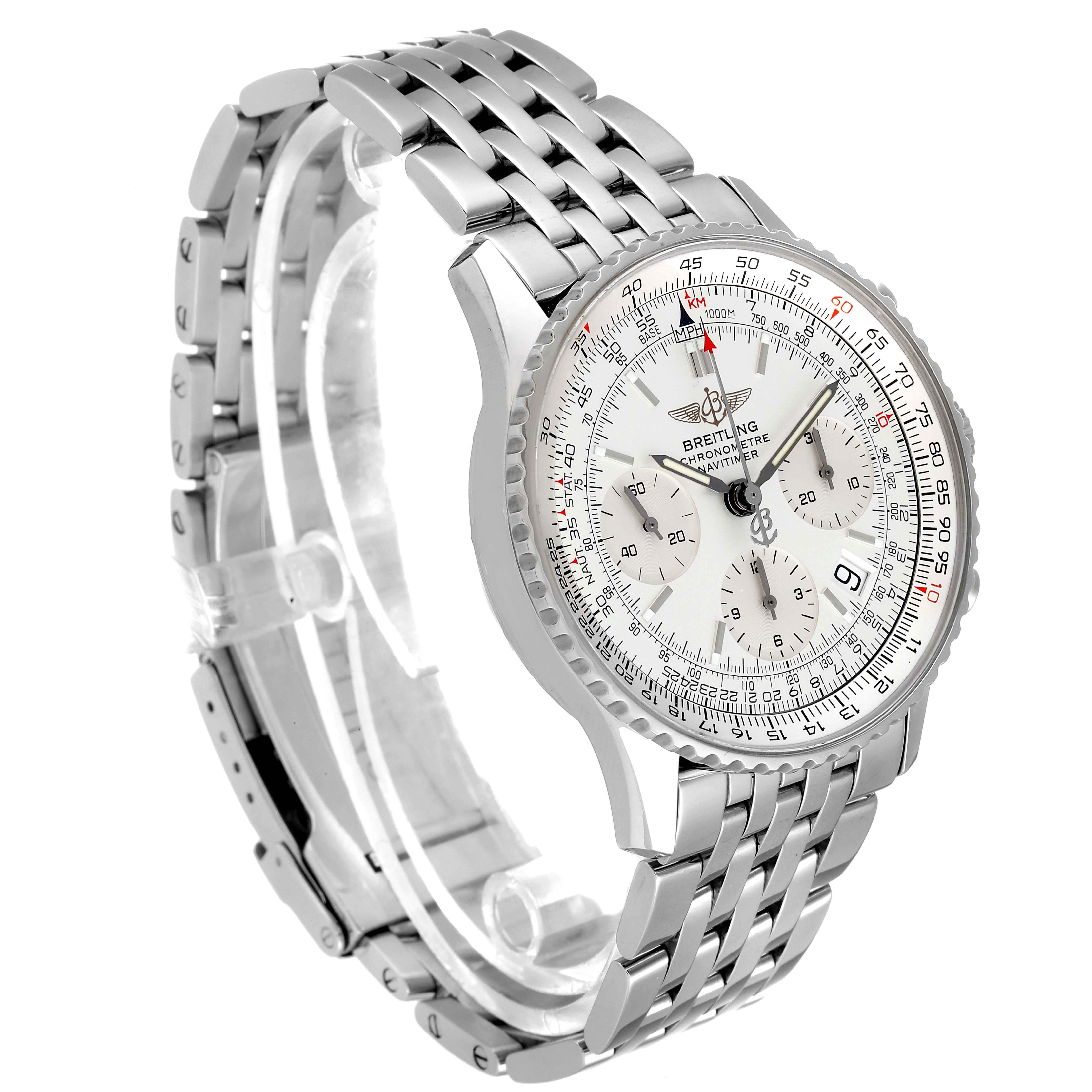 The image shows a Breitling Navitimer A23322 Men's Stainless Steel Silver Dial A23322 Men's Stainless Steel Silver Dial watch at an angled view, displaying its face and metal bracelet.