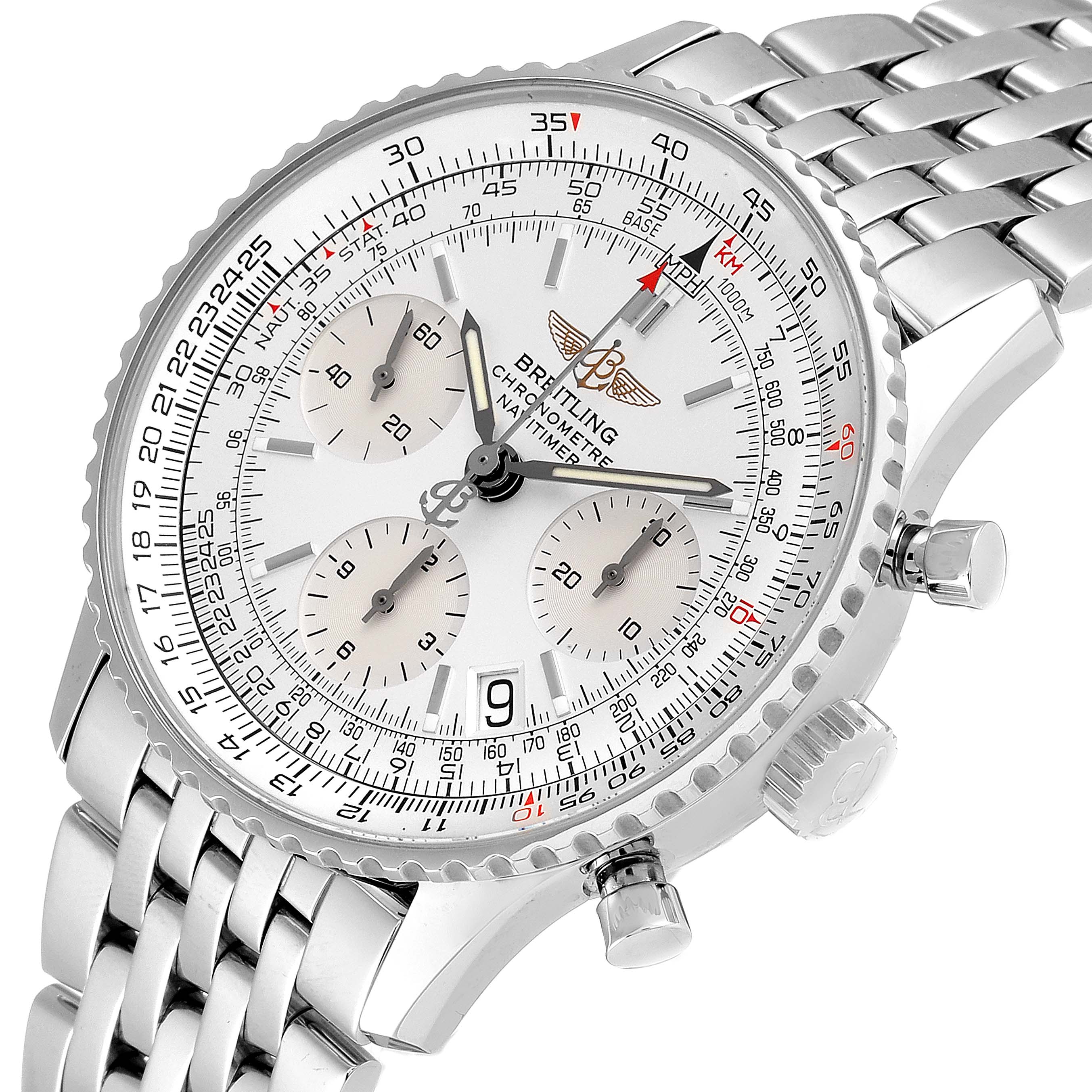 The image shows a Breitling Navitimer A23322 Men's Stainless Steel Silver Dial A23322 Men's Stainless Steel Silver Dial watch from an angled top view, highlighting the face, bezel, crown, pushers, and bracelet.