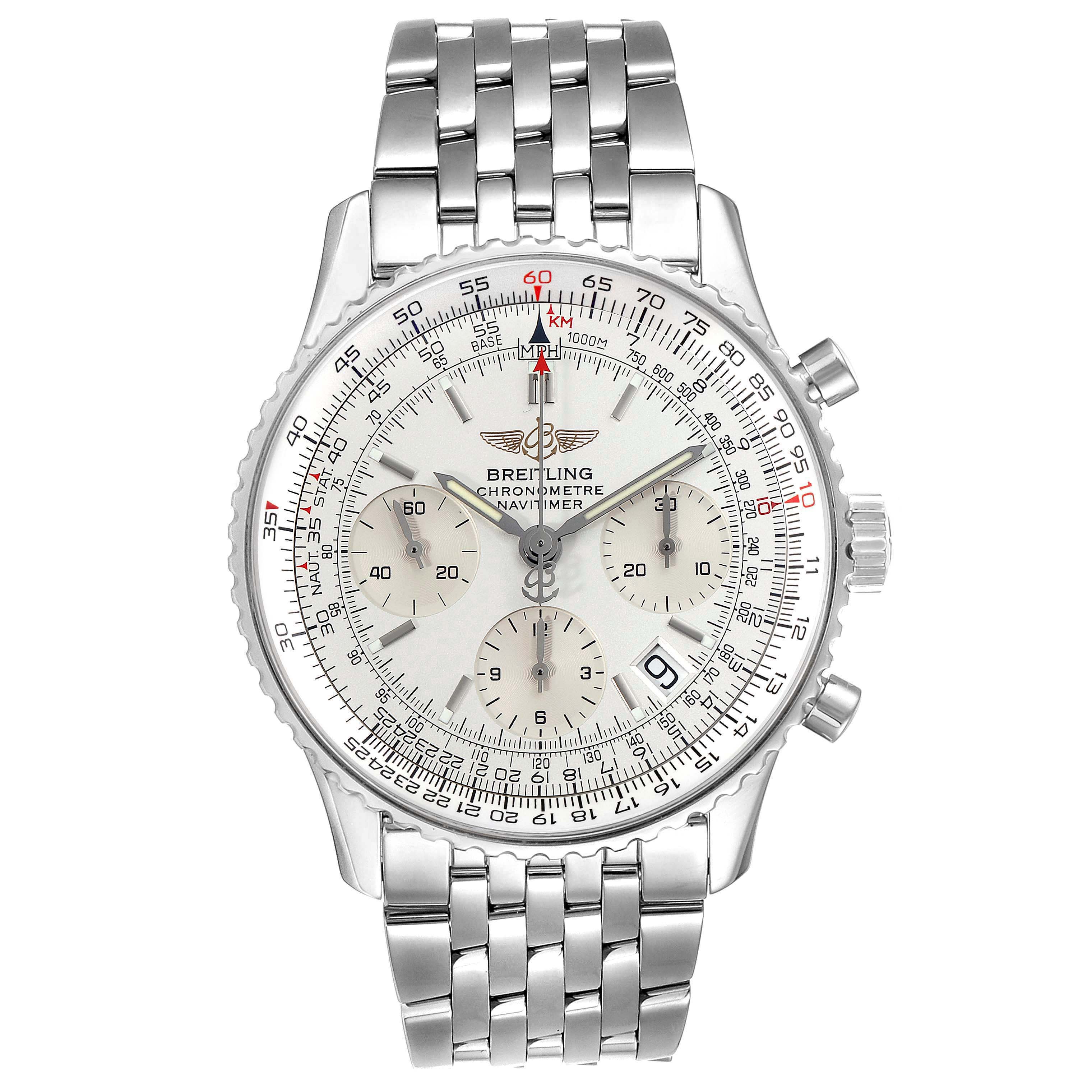 This image shows a front view of a Breitling Navitimer A23322 Men's Stainless Steel Silver Dial A23322 Men's Stainless Steel Silver Dial watch, highlighting its dial, bezel, and stainless steel bracelet.