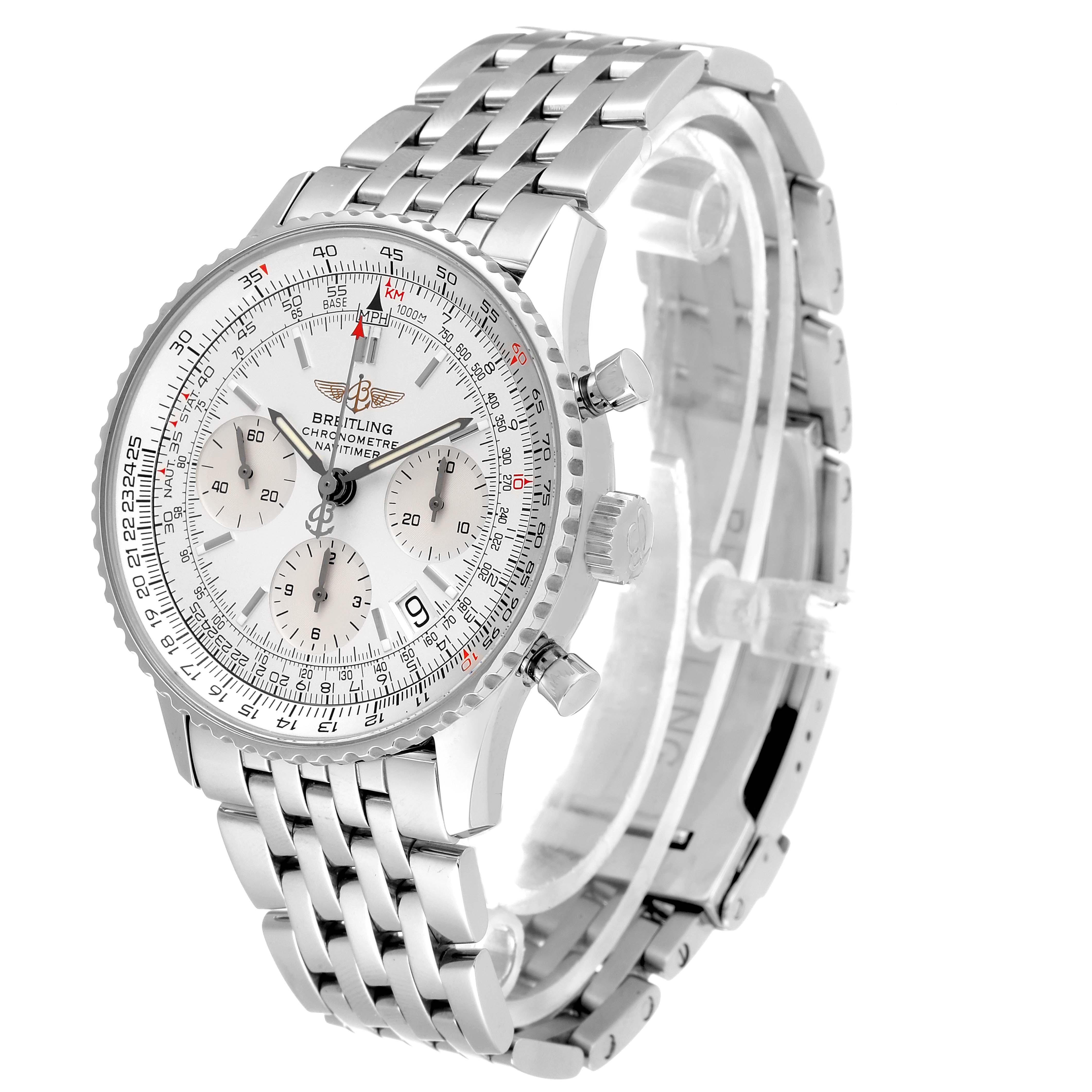 The Breitling Navitimer A23322 Men's Stainless Steel Silver Dial A23322 Men's Stainless Steel Silver Dial watch is shown from an angled front view, highlighting the face, bezel, and metal bracelet.