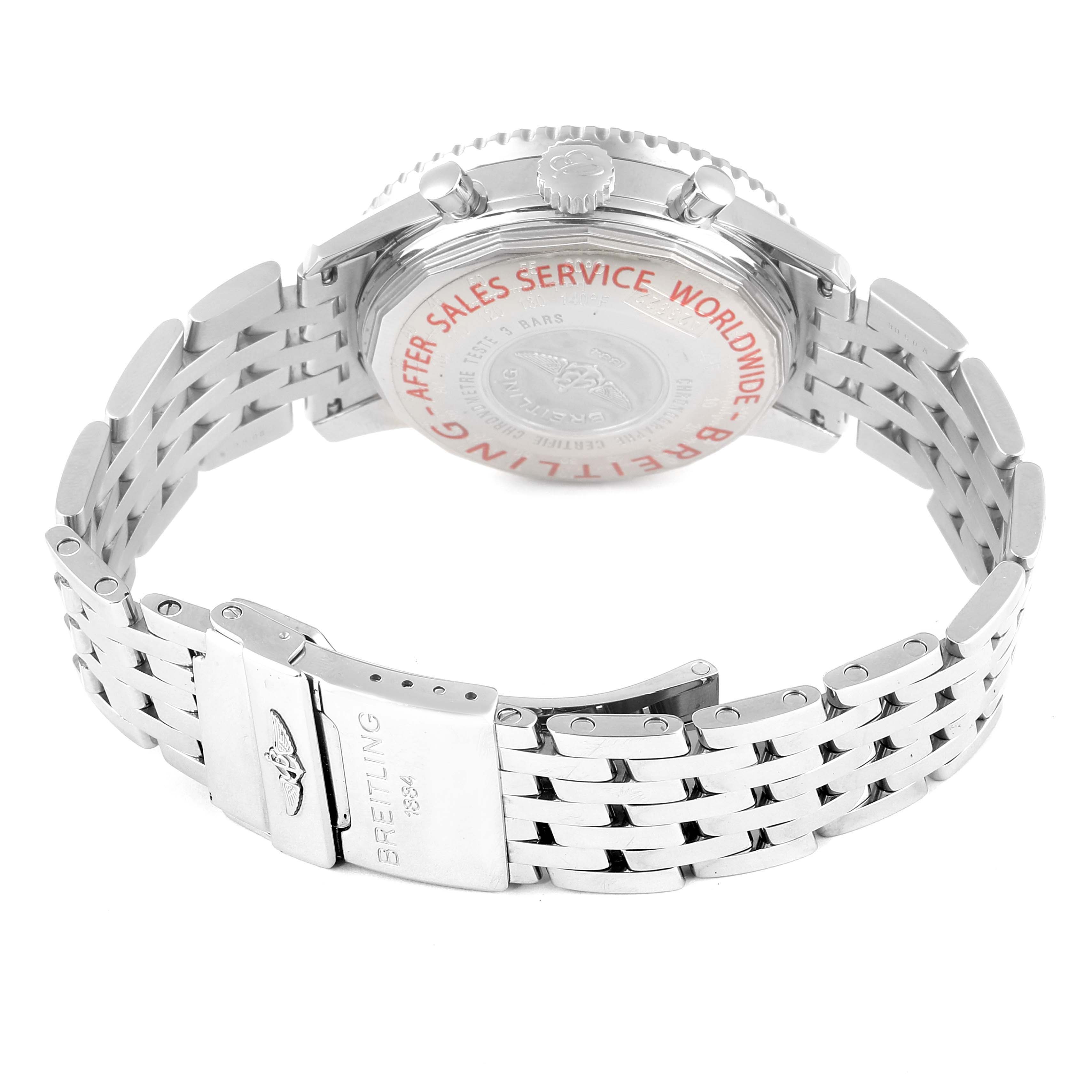The image shows the back of a Breitling Navitimer A23322 Men's Stainless Steel Silver Dial A23322 Men's Stainless Steel Silver Dial watch, highlighting its case back and metal bracelet.