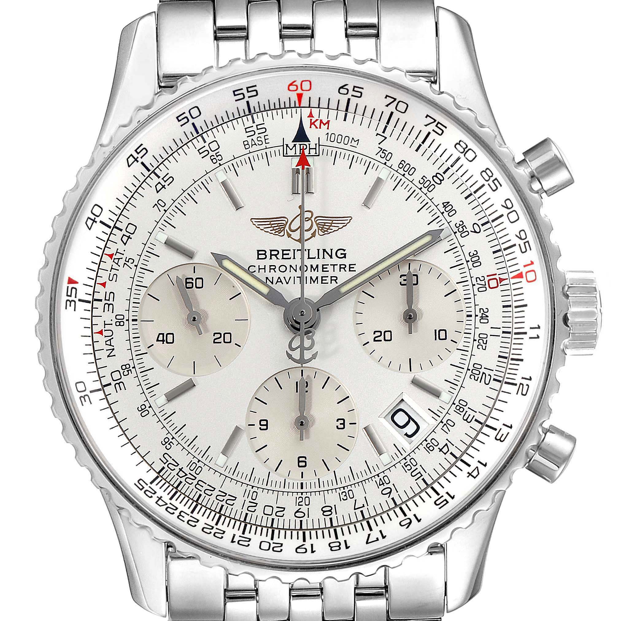 The image shows a close-up of the Breitling Navitimer A23322 Men's Stainless Steel Silver Dial A23322 Men's Stainless Steel Silver Dial watch face, including its dial, subdials, bezel, and a portion of the bracelet.