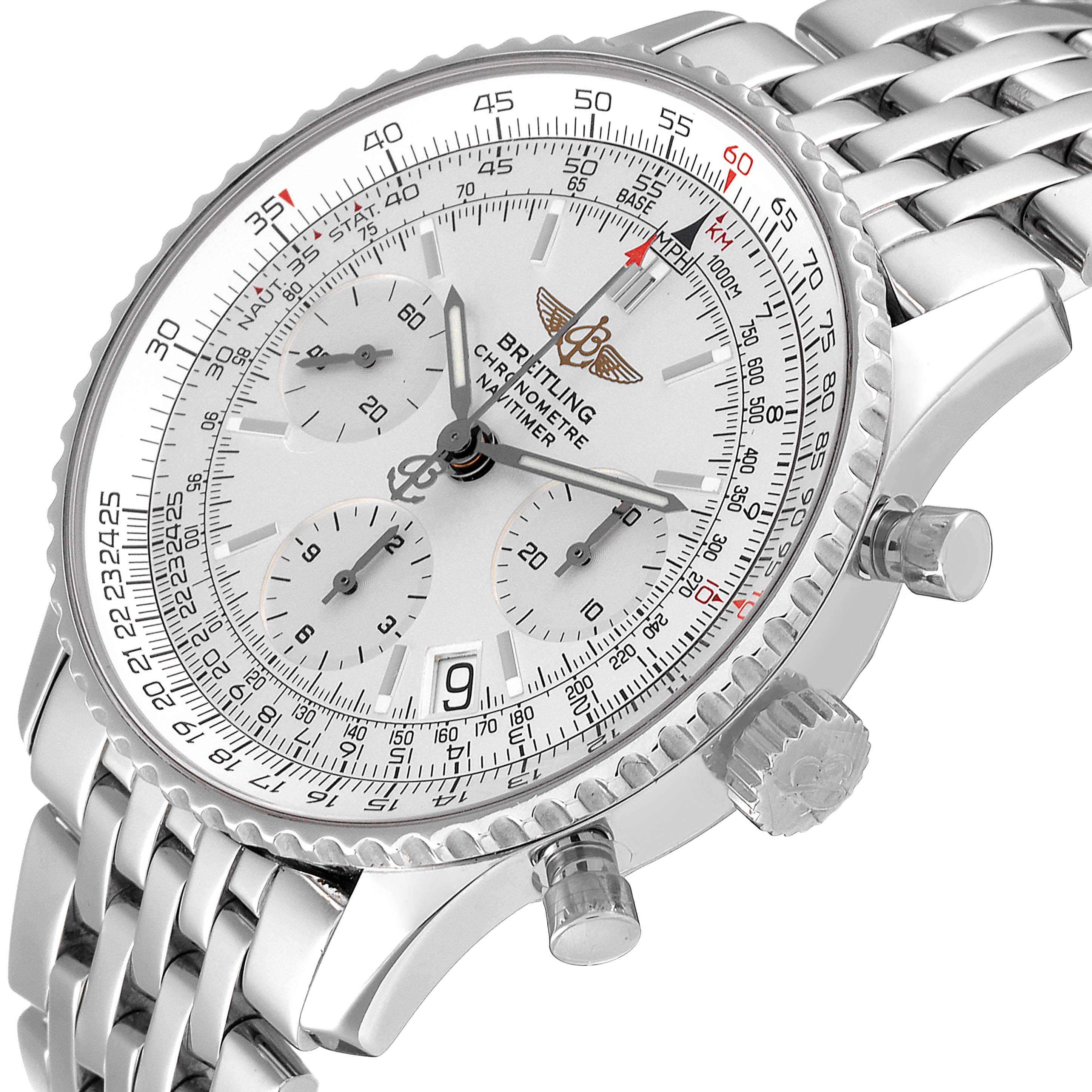 The image shows a close-up side angle of a Breitling Navitimer A23322 Men's Stainless Steel Silver Dial A23322 Men's Stainless Steel Silver Dial, displaying its face, bezel, crown, pushers, and metal bracelet.