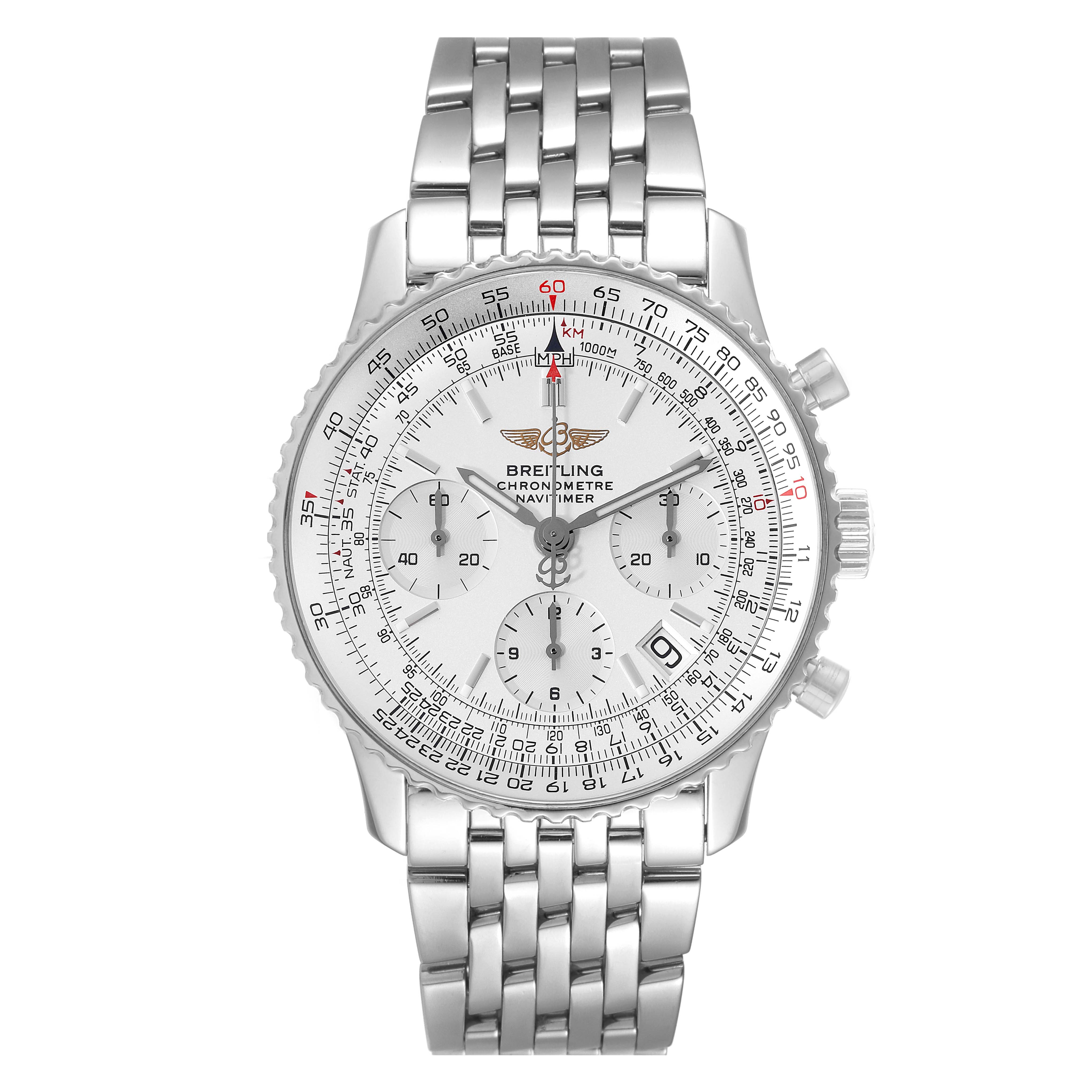 The image shows a front view of a Breitling Navitimer A23322 Men's Stainless Steel Silver Dial A23322 Men's Stainless Steel Silver Dial watch, including the face, bezel, chronograph sub-dials, crown, pushers, and metal bracelet.