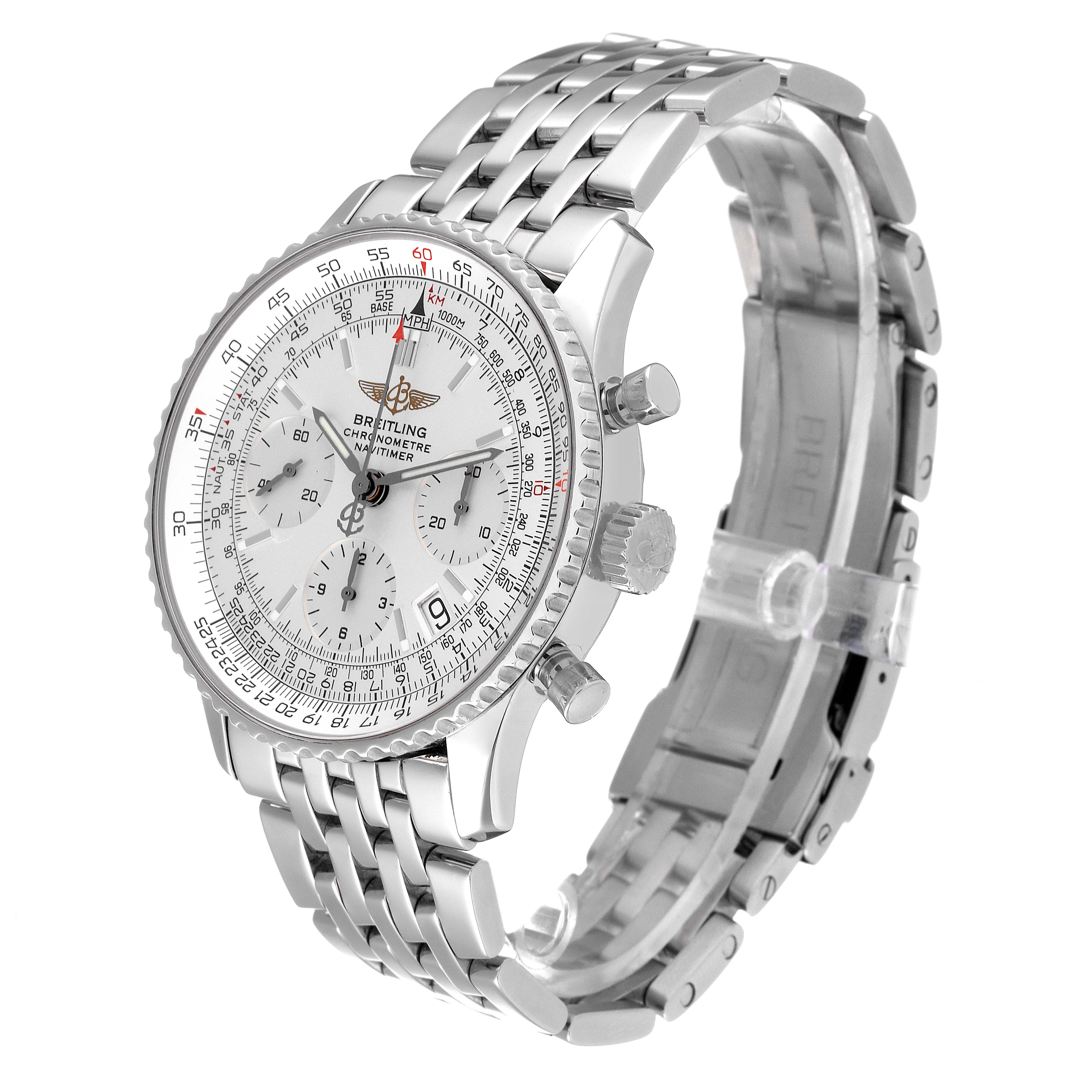 This image shows a Breitling Navitimer A23322 Men's Stainless Steel Silver Dial A23322 Men's Stainless Steel Silver Dial watch at a three-quarter angle, highlighting the face, dials, bezel, and bracelet.