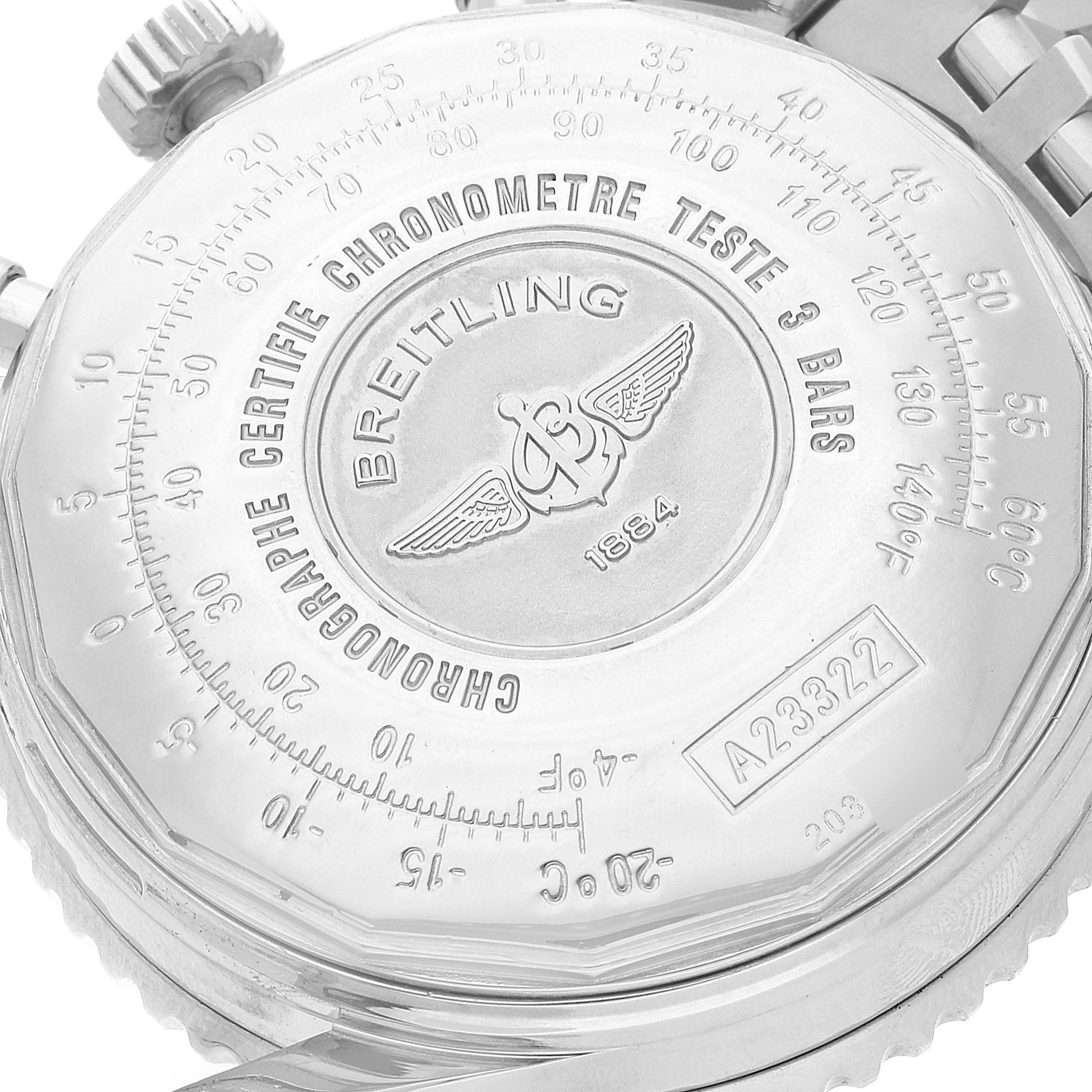 The image shows the back case of a Breitling Navitimer A23322 Men's Stainless Steel Silver Dial A23322 Men's Stainless Steel Silver Dial watch, highlighting the branding and various engravings.