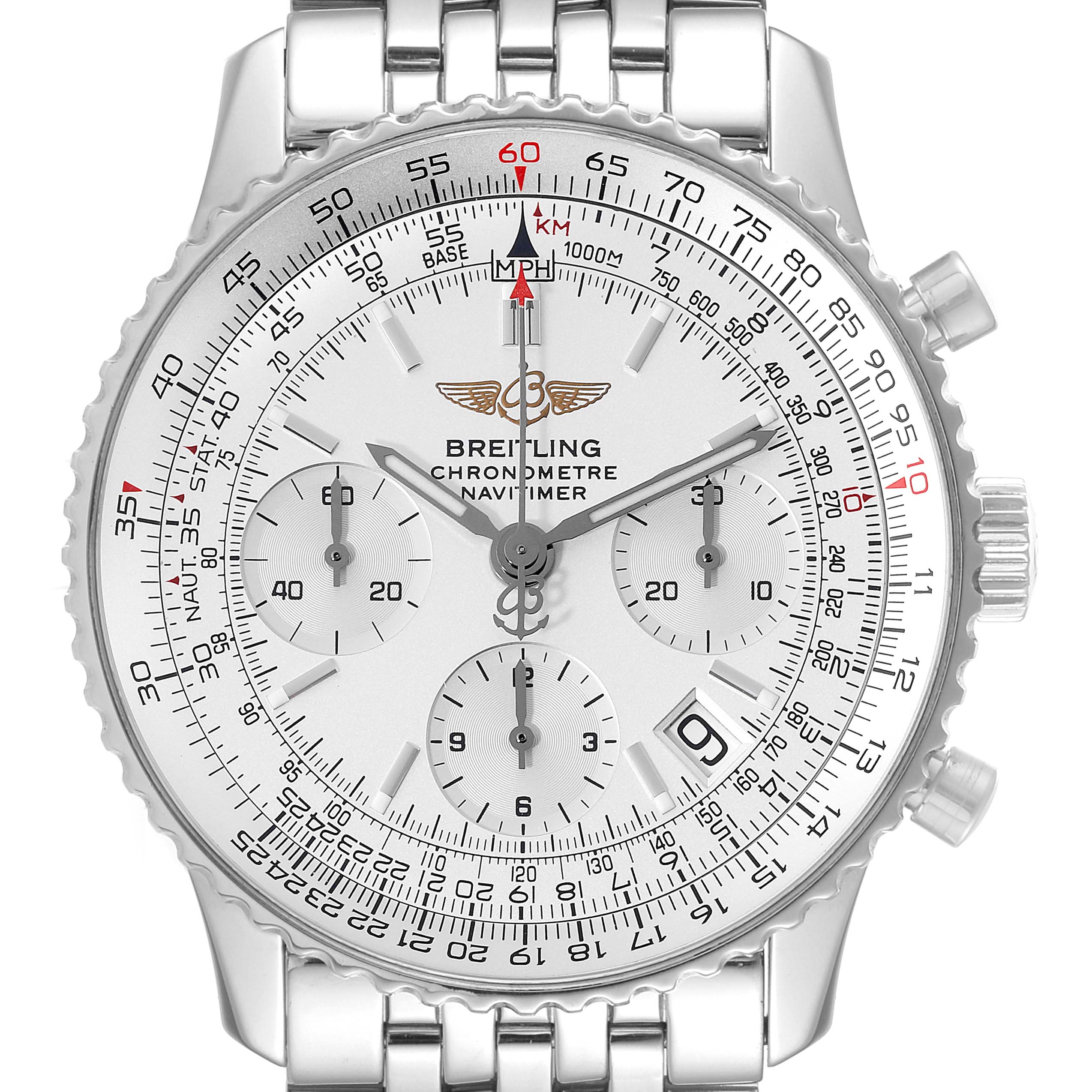 This image shows a front view of a Breitling Navitimer A23322 Men's Stainless Steel Silver Dial A23322 Men's Stainless Steel Silver Dial watch, featuring its dial, sub-dials, bezel, and part of the bracelet.