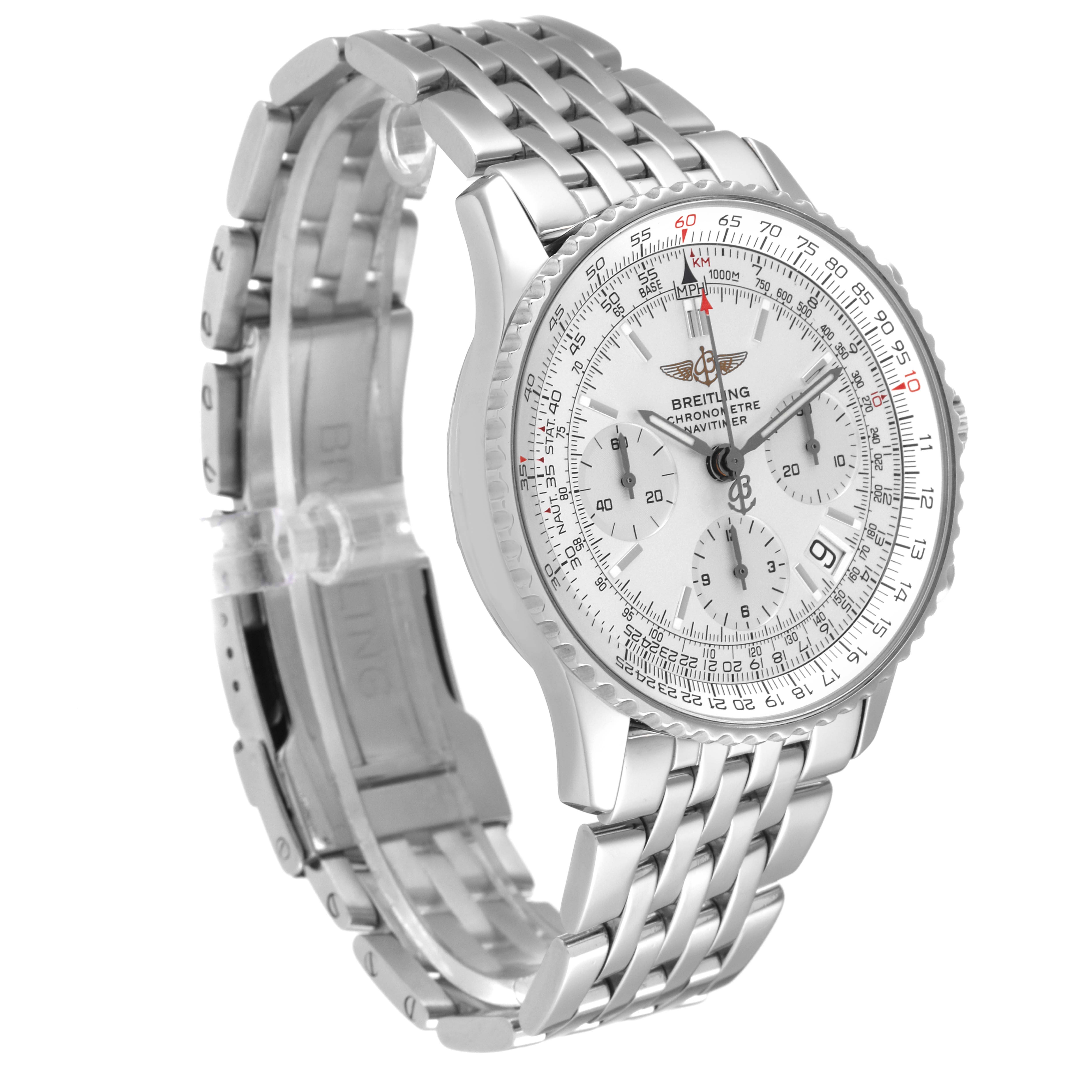 The image shows a Breitling Navitimer A23322 Men's Stainless Steel Silver Dial A23322 Men's Stainless Steel Silver Dial watch from a front angle, highlighting its face, bezel, and metal bracelet.