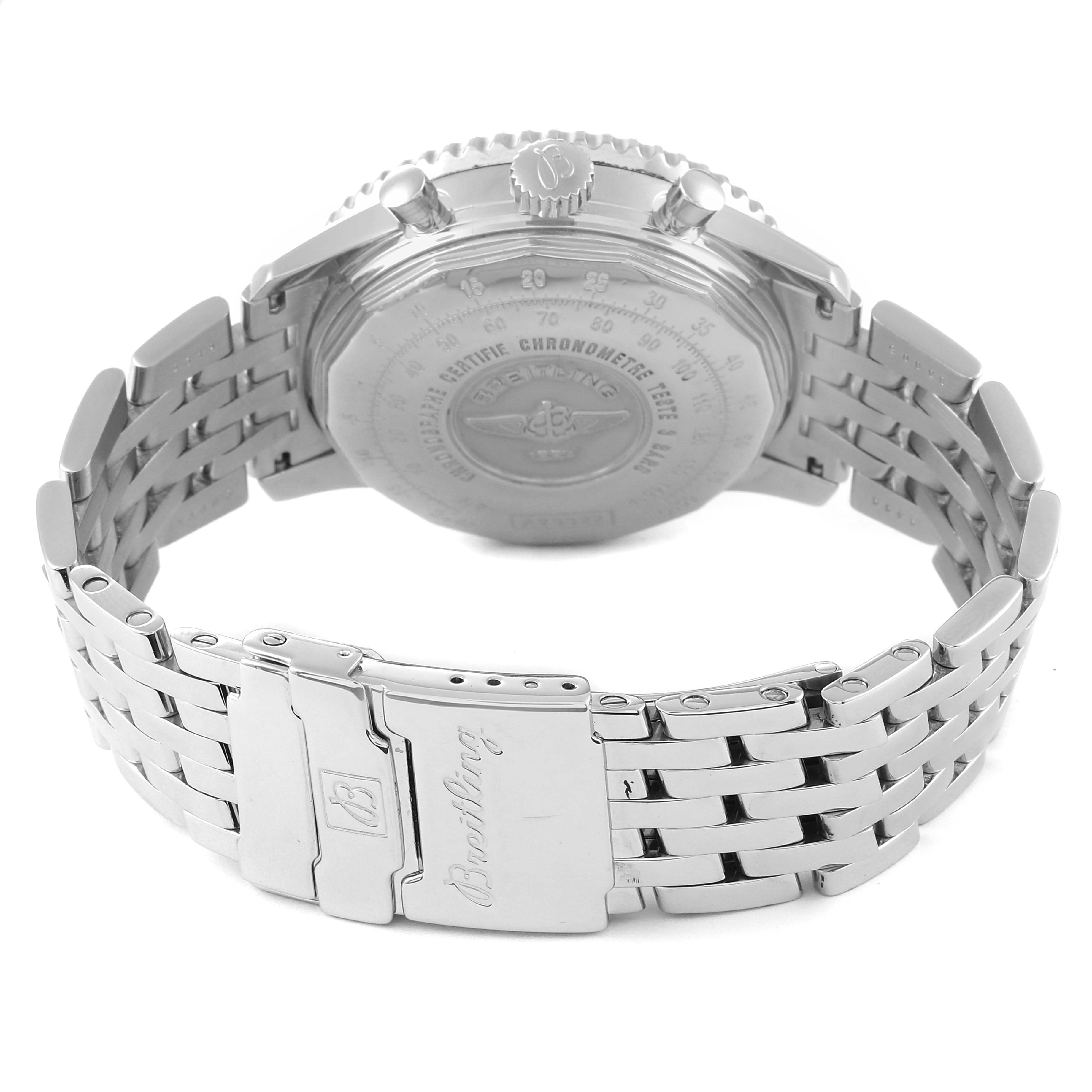 This image shows the back case and deployment clasp of the Breitling Navitimer A23322 Men's Stainless Steel Silver Dial A23322 Men's Stainless Steel Silver Dial watch from a rear angle.