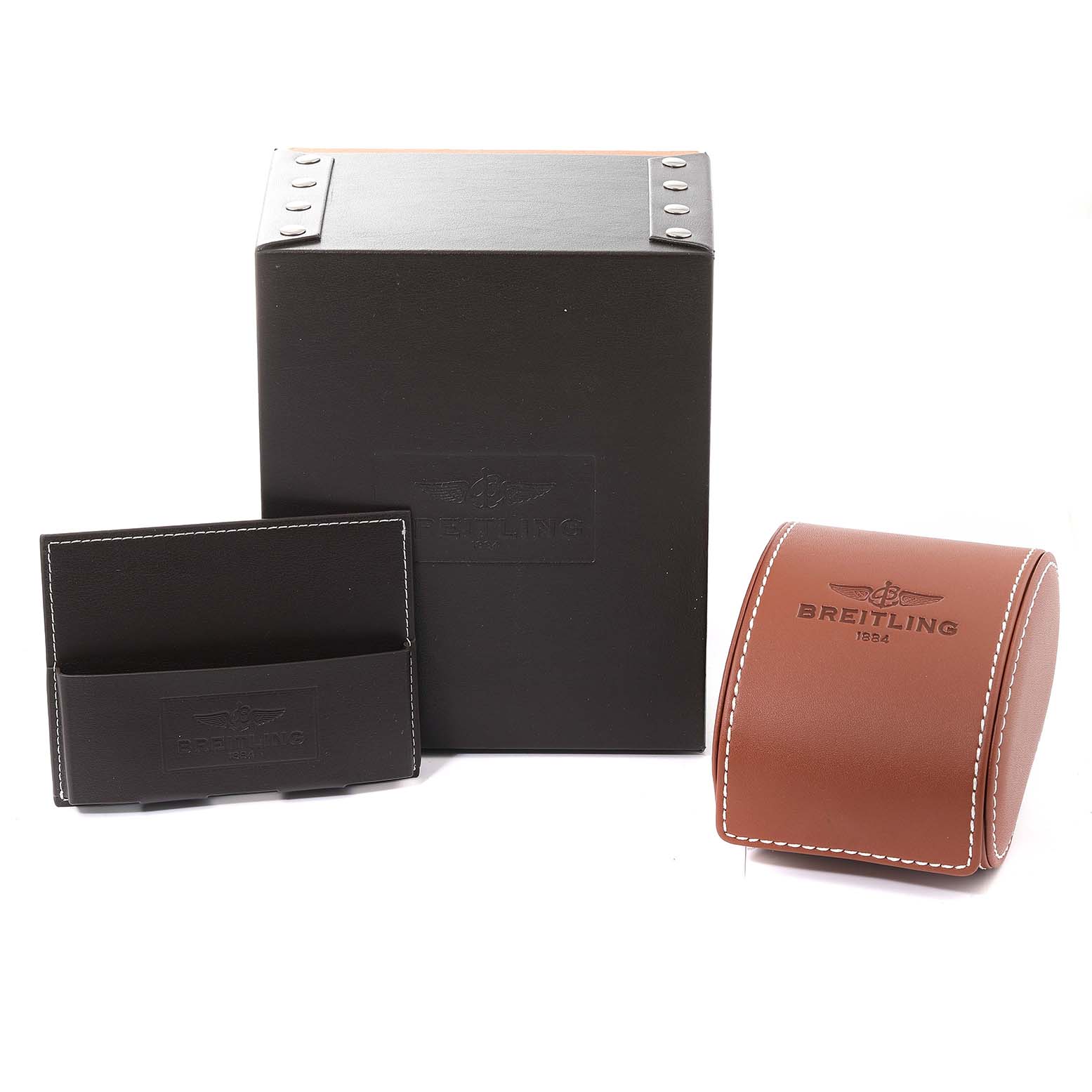 The image shows the packaging and accessories for a Breitling Navitimer A23322 Men's Stainless Steel Silver Dial A23322 Men's Stainless Steel Silver Dial watch, including a black box and a brown leather case.