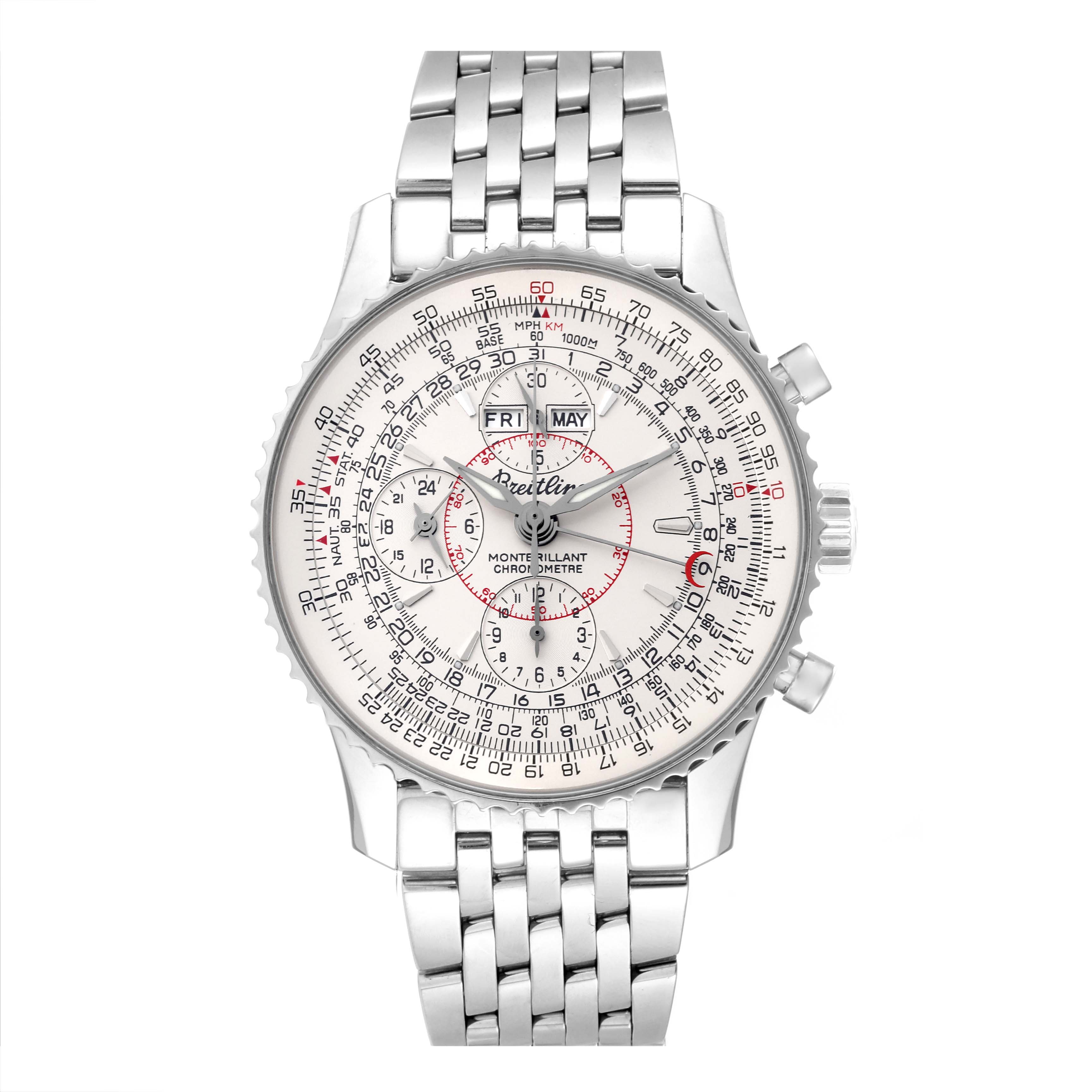 The image shows a frontal view of a Breitling Navitimer A21330 Men's Stainless Steel Silver Dial A21330 Men's Stainless Steel Silver Dial watch, displaying its face, bezel, and metal bracelet.
