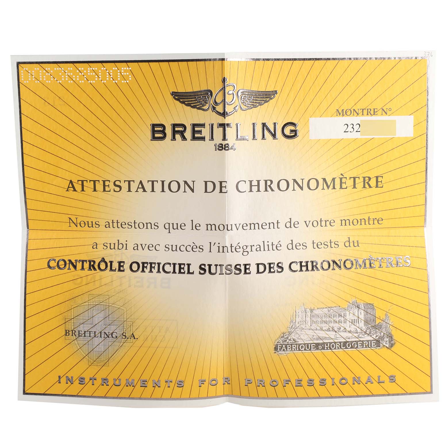 This image shows the official chronometer certification for the Breitling Navitimer A21330 Men's Stainless Steel Silver Dial A21330 Men's Stainless Steel Silver Dial watch model.