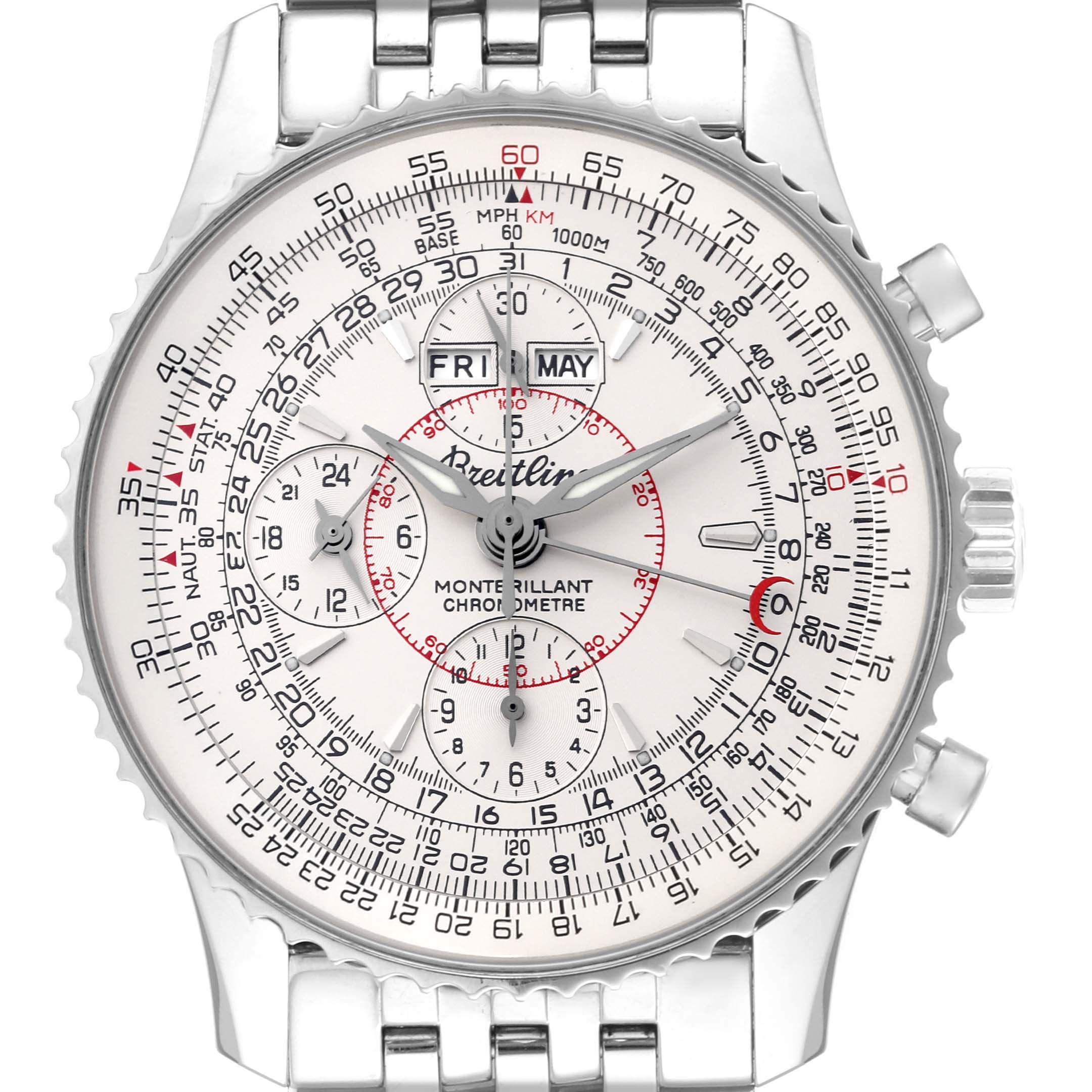 The image shows a frontal view of a Breitling Navitimer A21330 Men's Stainless Steel Silver Dial A21330 Men's Stainless Steel Silver Dial watch, highlighting the dial, subdials, and stainless steel bracelet.