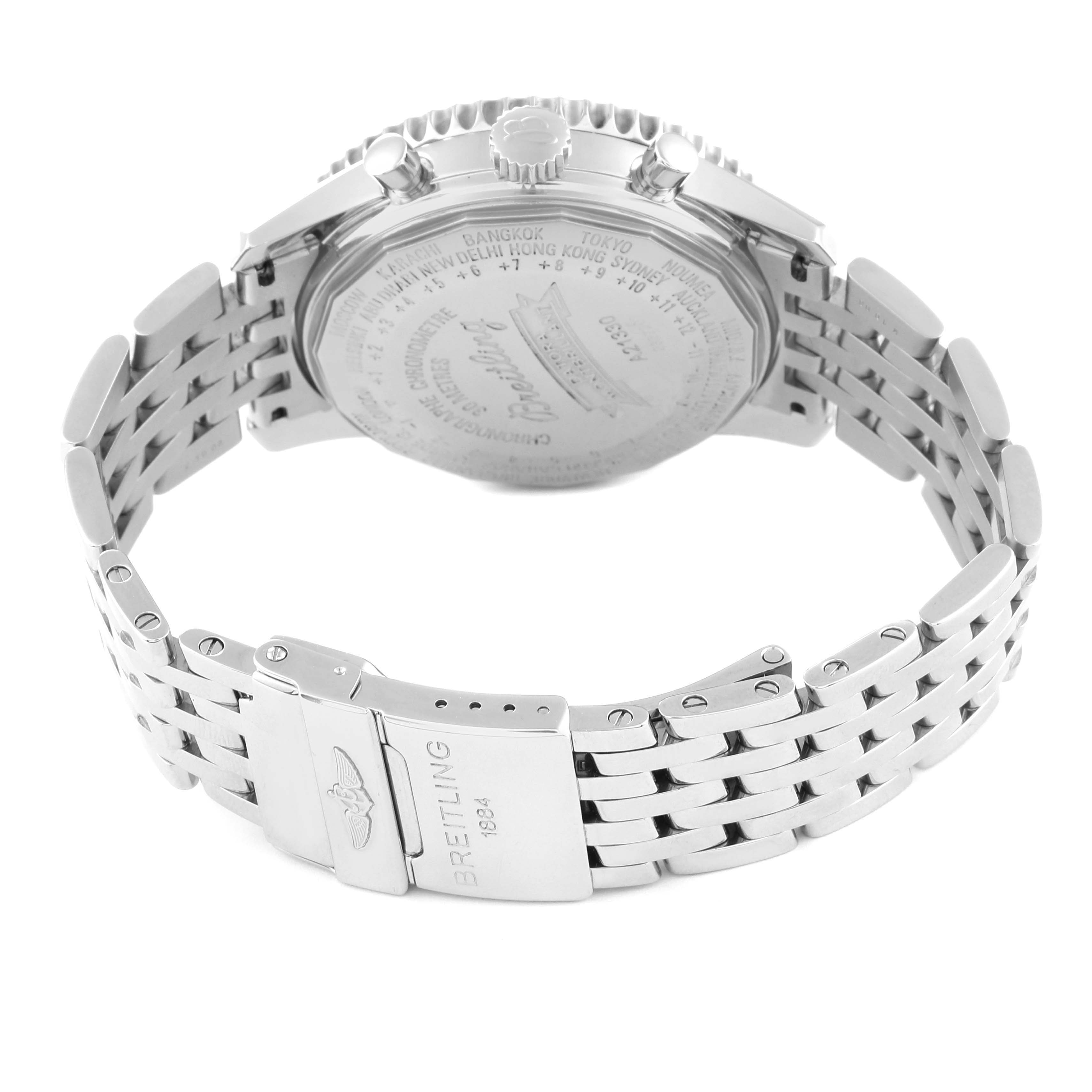 The image shows the back and clasp of a Breitling Navitimer A21330 Men's Stainless Steel Silver Dial A21330 Men's Stainless Steel Silver Dial watch, highlighting the stainless steel bracelet and engraved case back.