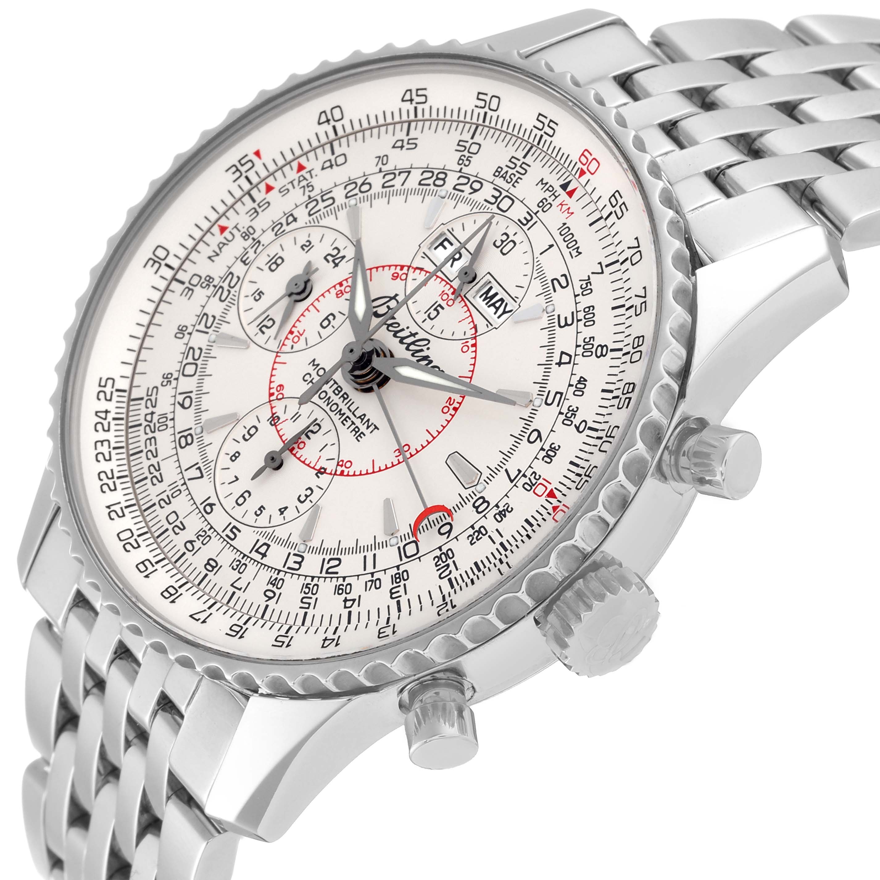 The image shows a close-up side angle of a Breitling Navitimer A21330 Men's Stainless Steel Silver Dial A21330 Men's Stainless Steel Silver Dial watch, highlighting the dial, case, and metal strap.