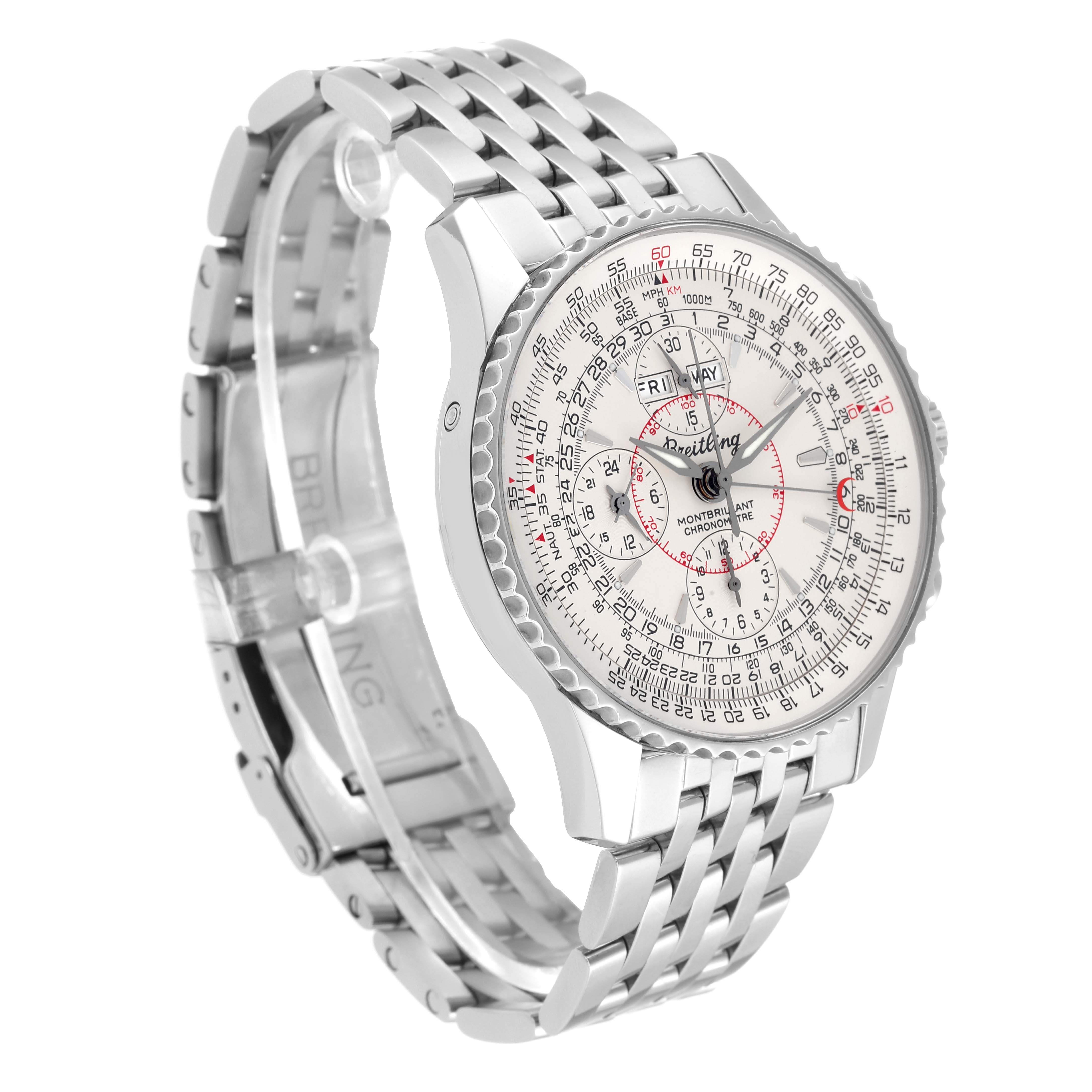 This image shows a Breitling Navitimer A21330 Men's Stainless Steel Silver Dial A21330 Men's Stainless Steel Silver Dial watch at a slight angled view highlighting its face, dial, and stainless steel bracelet.