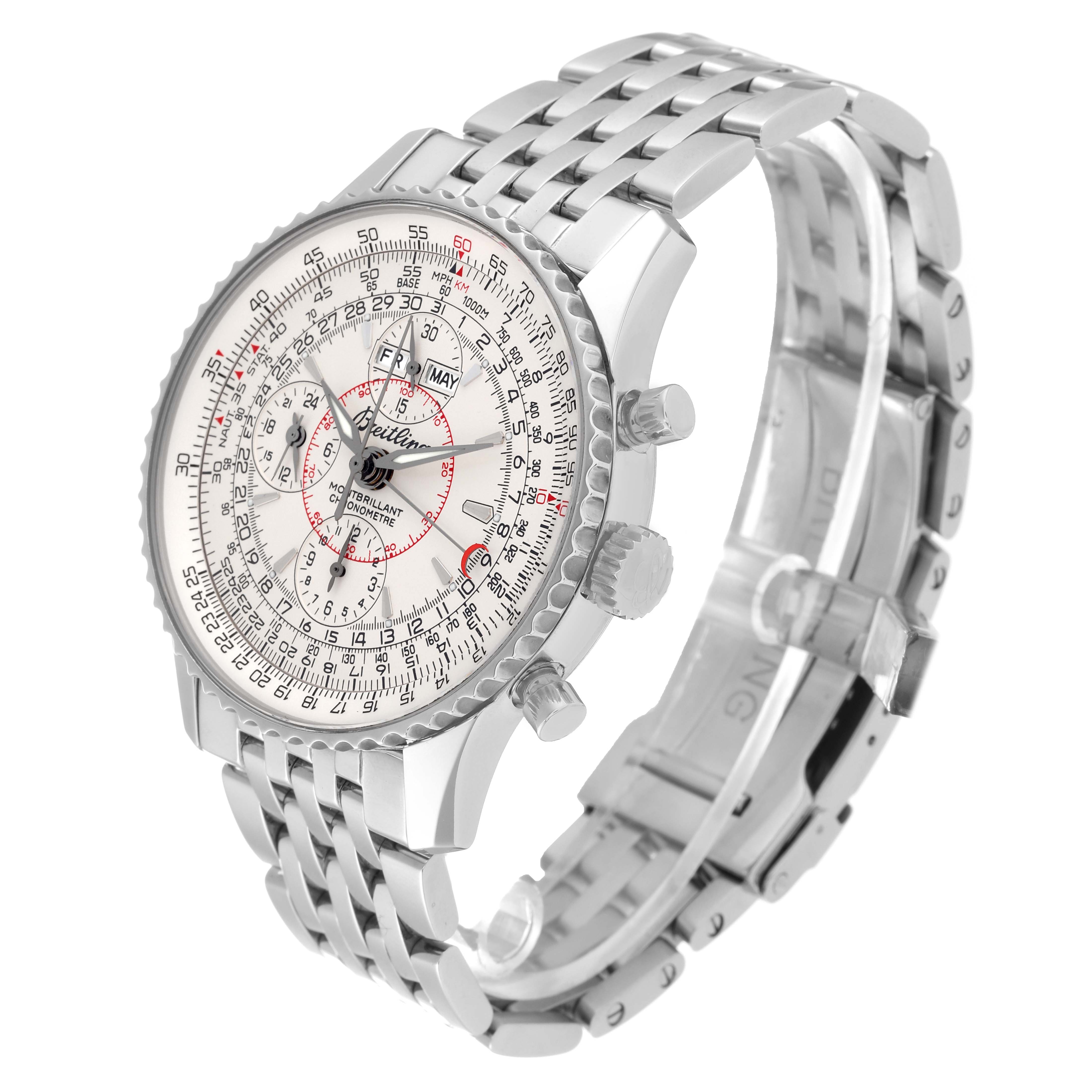 The image shows a Breitling Navitimer A21330 Men's Stainless Steel Silver Dial A21330 Men's Stainless Steel Silver Dial watch at an angled side view, displaying the dial, bezel, crown, pushers, and metal bracelet.
